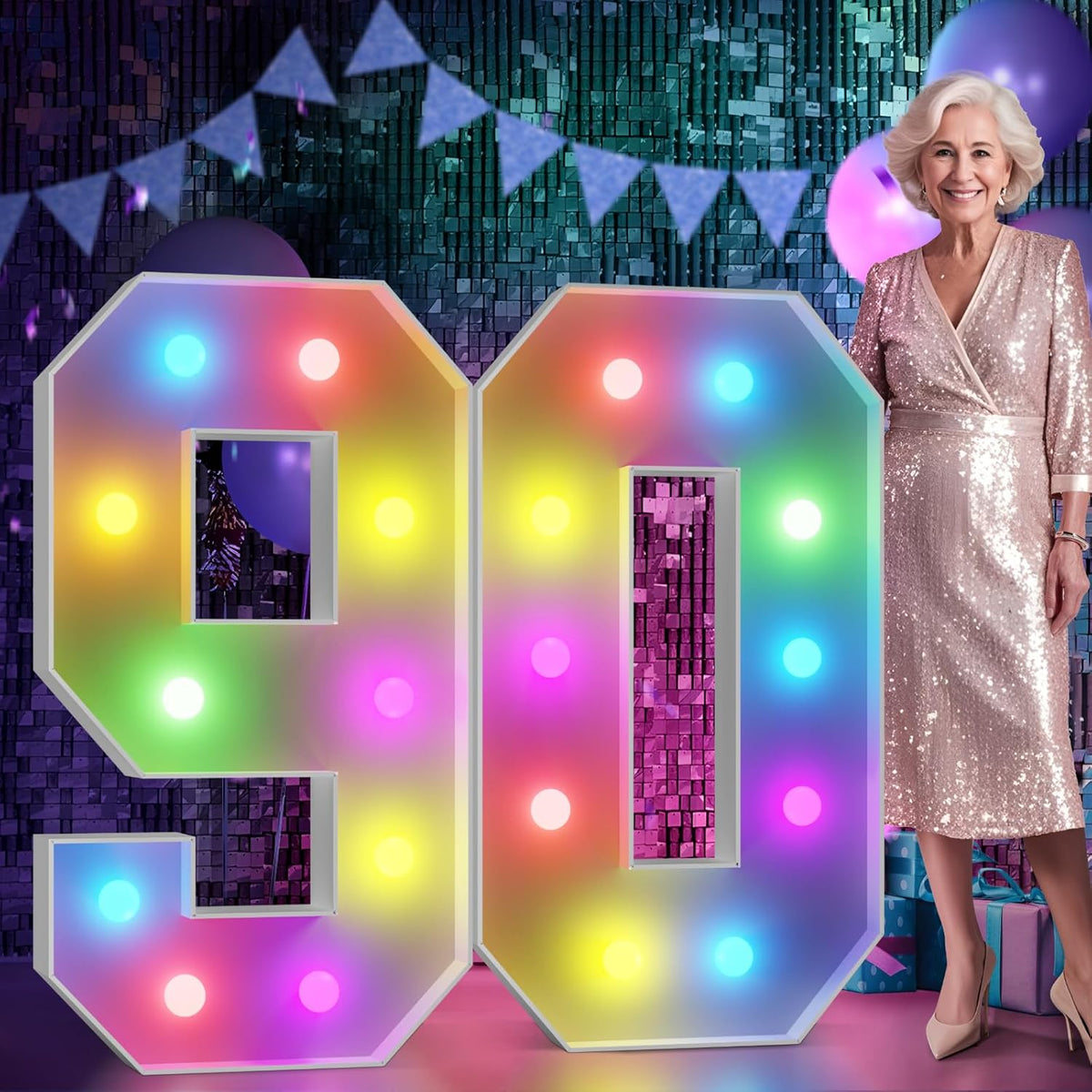 Marquee Numbers 90th-Birthday Decoration: Colorful 4FT Large Light Up 90 Year Old Birthday