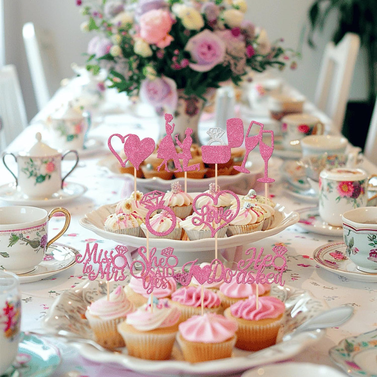 30 PCS He Asked She Said Yes Cupcake Toppers Glitter Engagement Cupcake Toppers Miss to Mrs I Do