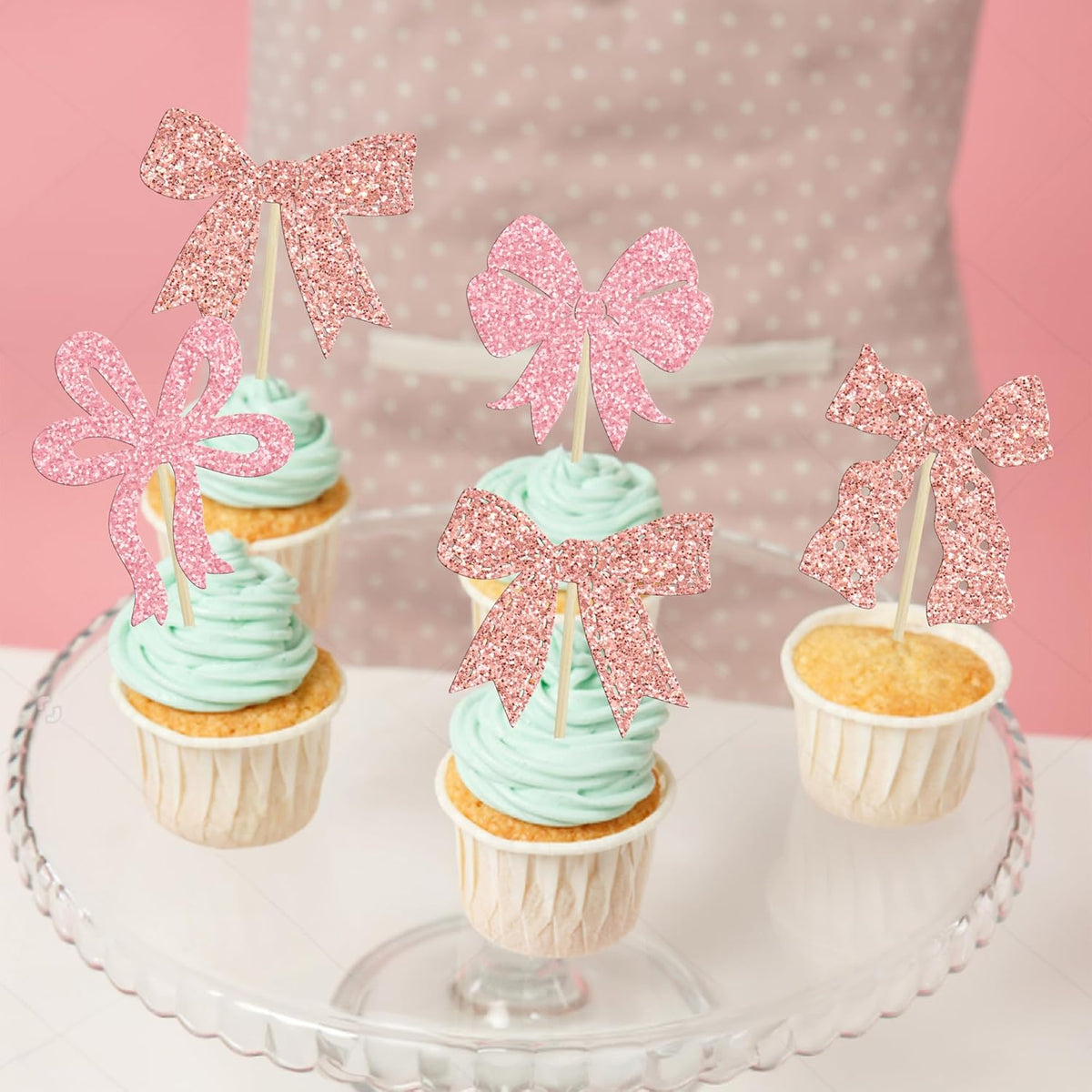 Ephlyn 24pcs Pink & Rose Gold Bow Cupcake Toppers - Perfect for Birthday, Baby Shower, Bridal