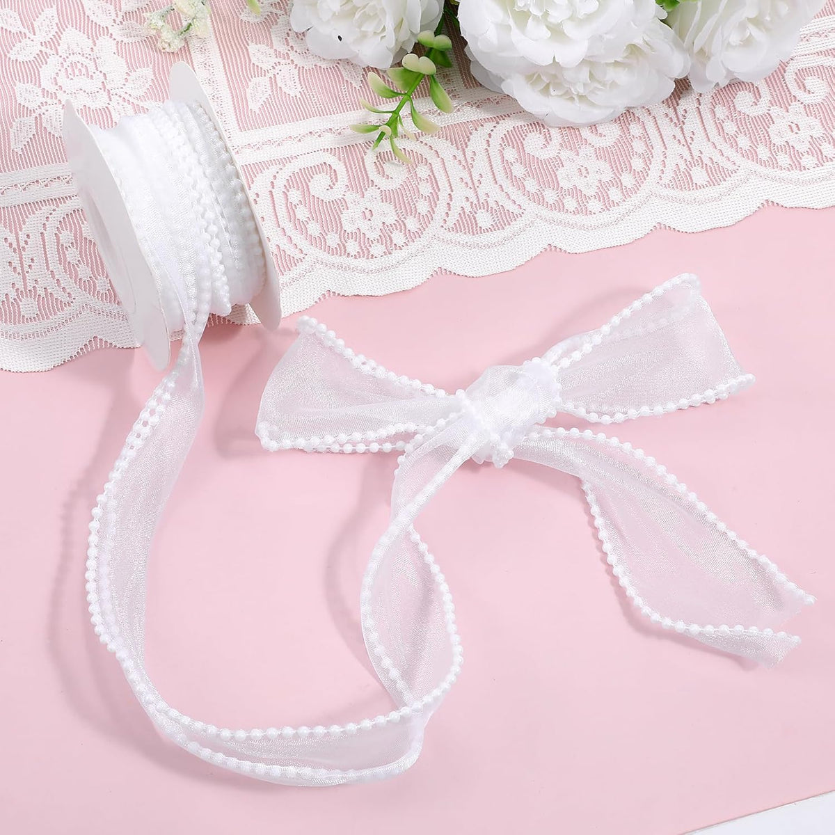 1.5 Inch Faux Pearl Ribbon, Smooth White Ribbon with Pearl Edges Wire, 4.5m Sheer Mesh Ribbons for