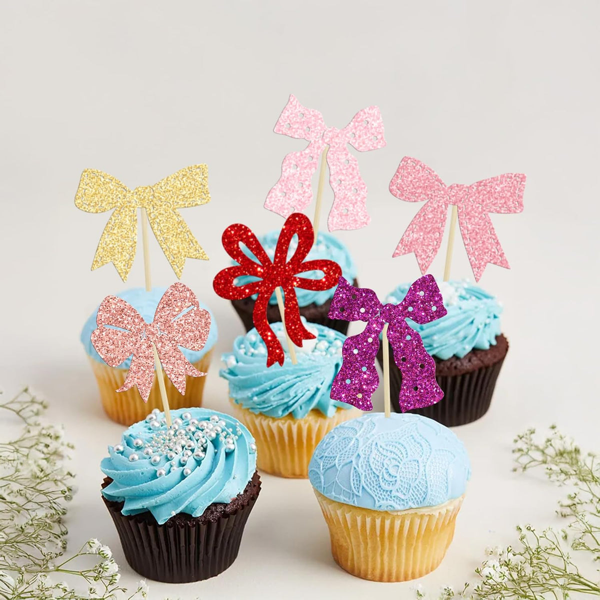 Ephlyn 24Pcs Bow Cupcake Toppers Bow Birthday Cake Topper Girls Birthday Party Decorations Bowknot
