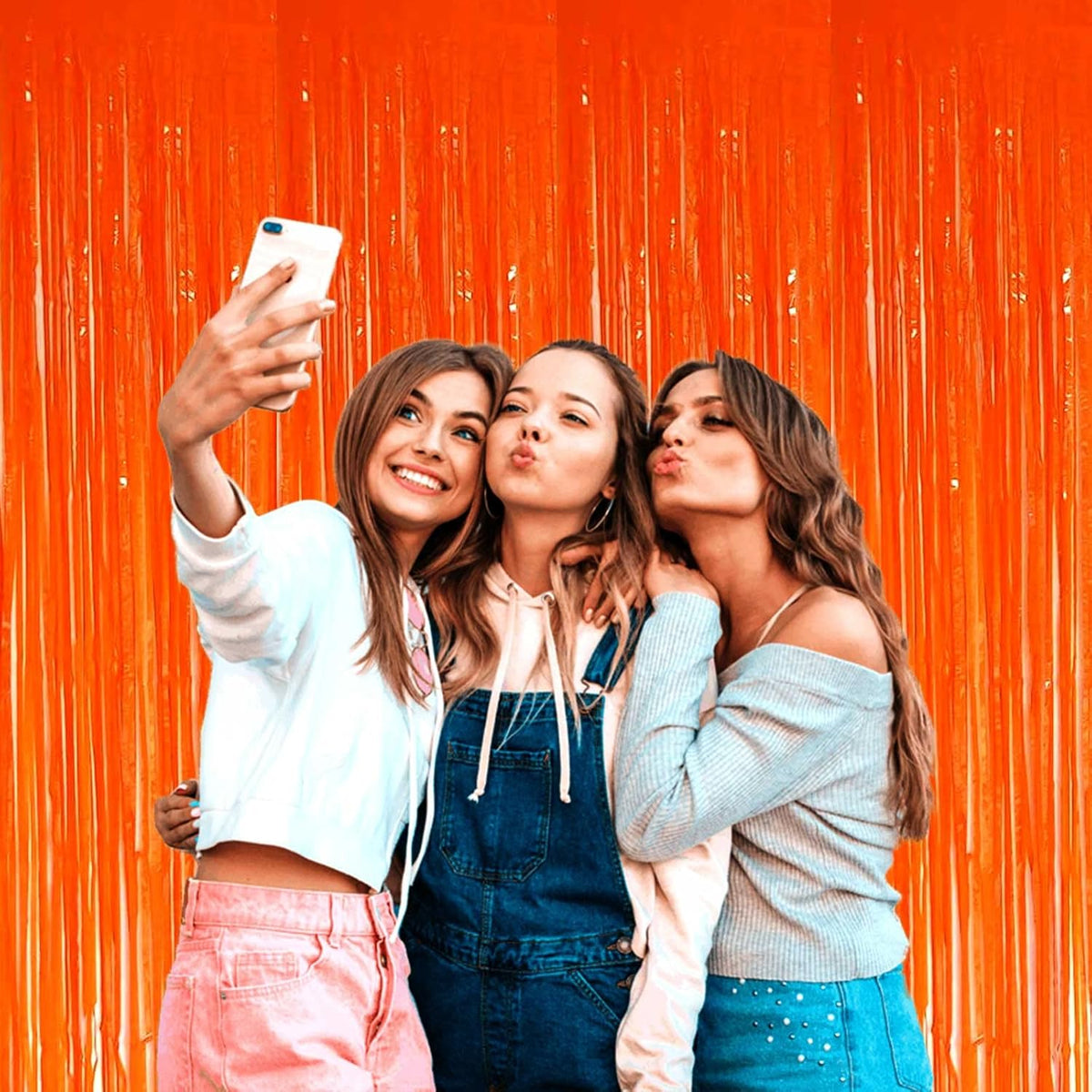 4 Pack Orange Foil Fringe Curtain Backdrop, 3.3Ft x 9.8Ft Metallic Tinsel Streamers Curtains Photo