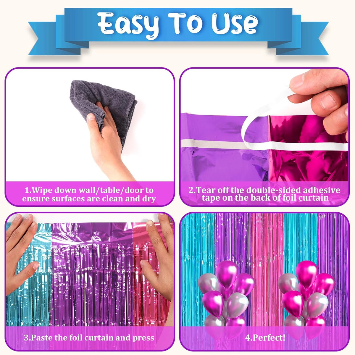 2 Pack Blue Purple Pink Foil Fringe Backdrop Curtains, Tinsel Streamers Party Decorations, Fringe