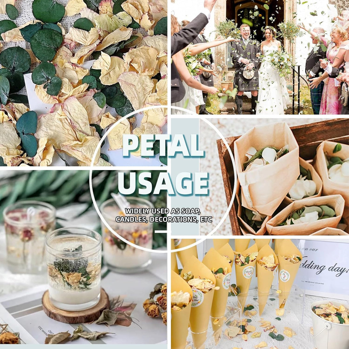 Oning 20+ Cups of Mix Dried Bio Flower Rose Petals Confetti, 2 QT Ivory White Roses & Eucalyptus