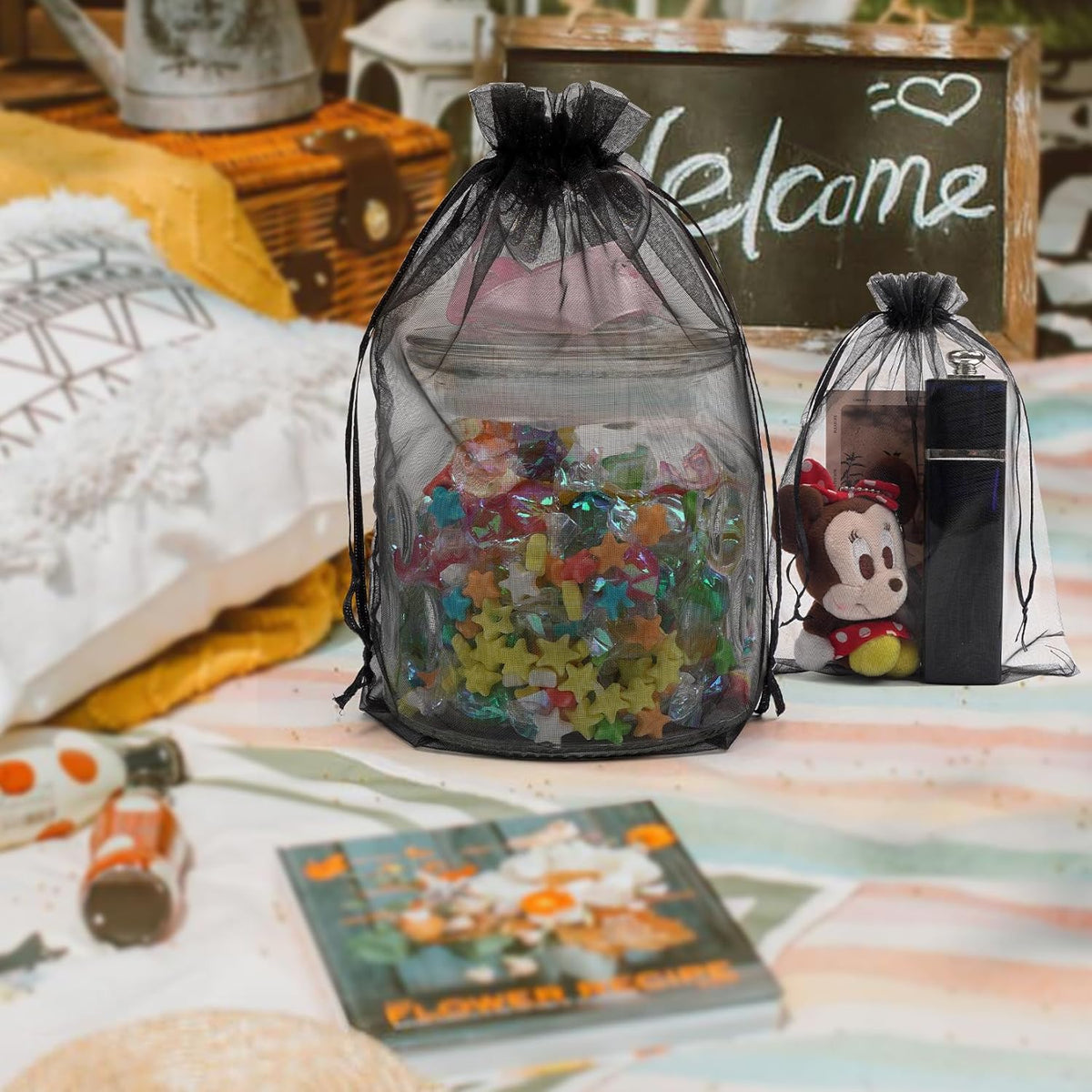 ANZNKU 100 Pack Premium Sheer Organza Bags 6x9 inches Mesh Gift Bags Drawstring for Halloween