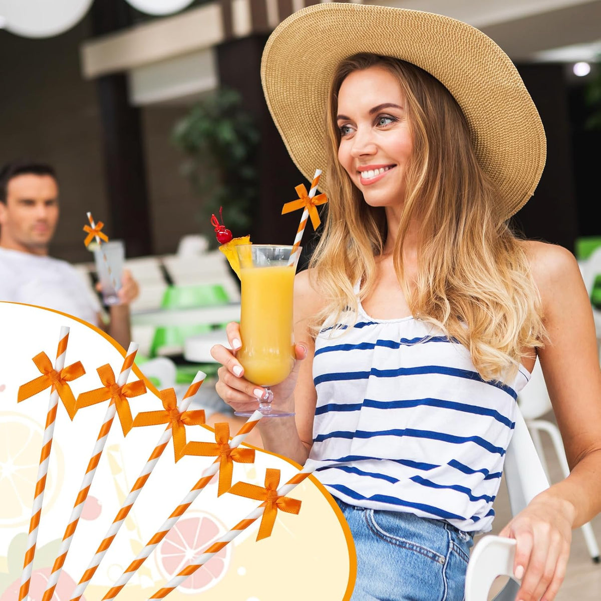 100 Pcs Fall Orange Paper Bow Straws for Drinking, Halloween Disposable Striped Paper Straws Bulk
