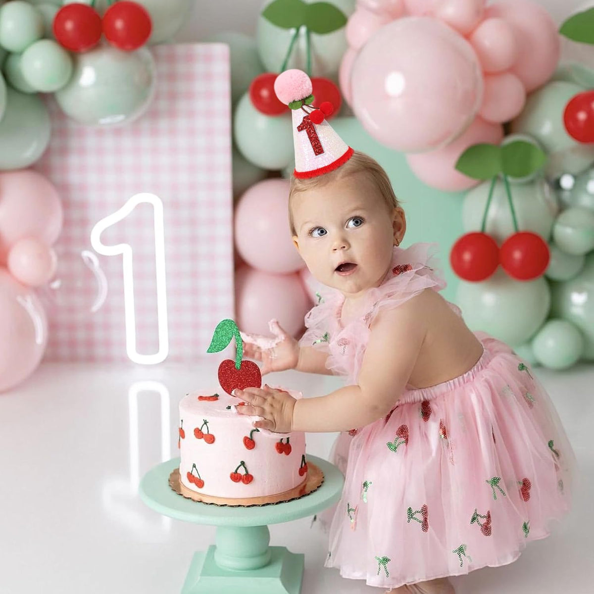 Cherry 1st Birthday Hat - Sweet One Party Decorations, Pink Glitter First Crown for Girls, Fruit