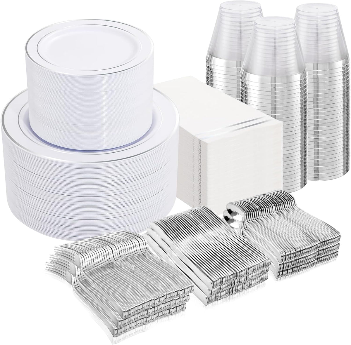 NOCCUR 700PCS Silver Plastic Plates Disposable for 100 Guests - Include 100 Dinner/Dessert White