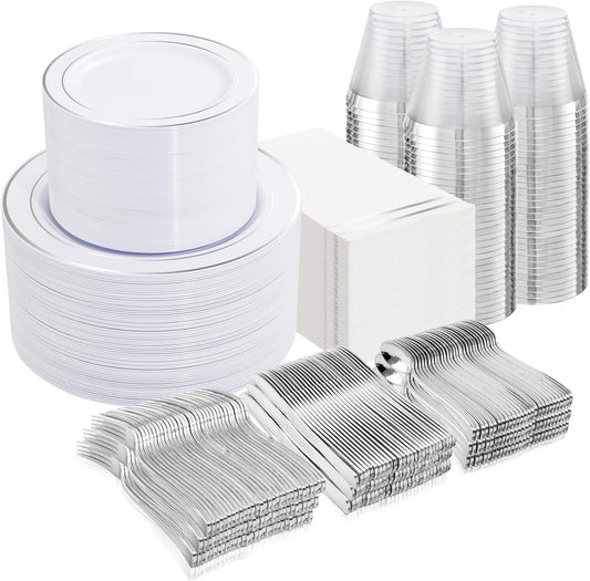 NOCCUR 700PCS Silver Plastic Plates Disposable for 100 Guests - Include 100 Dinner/Dessert White