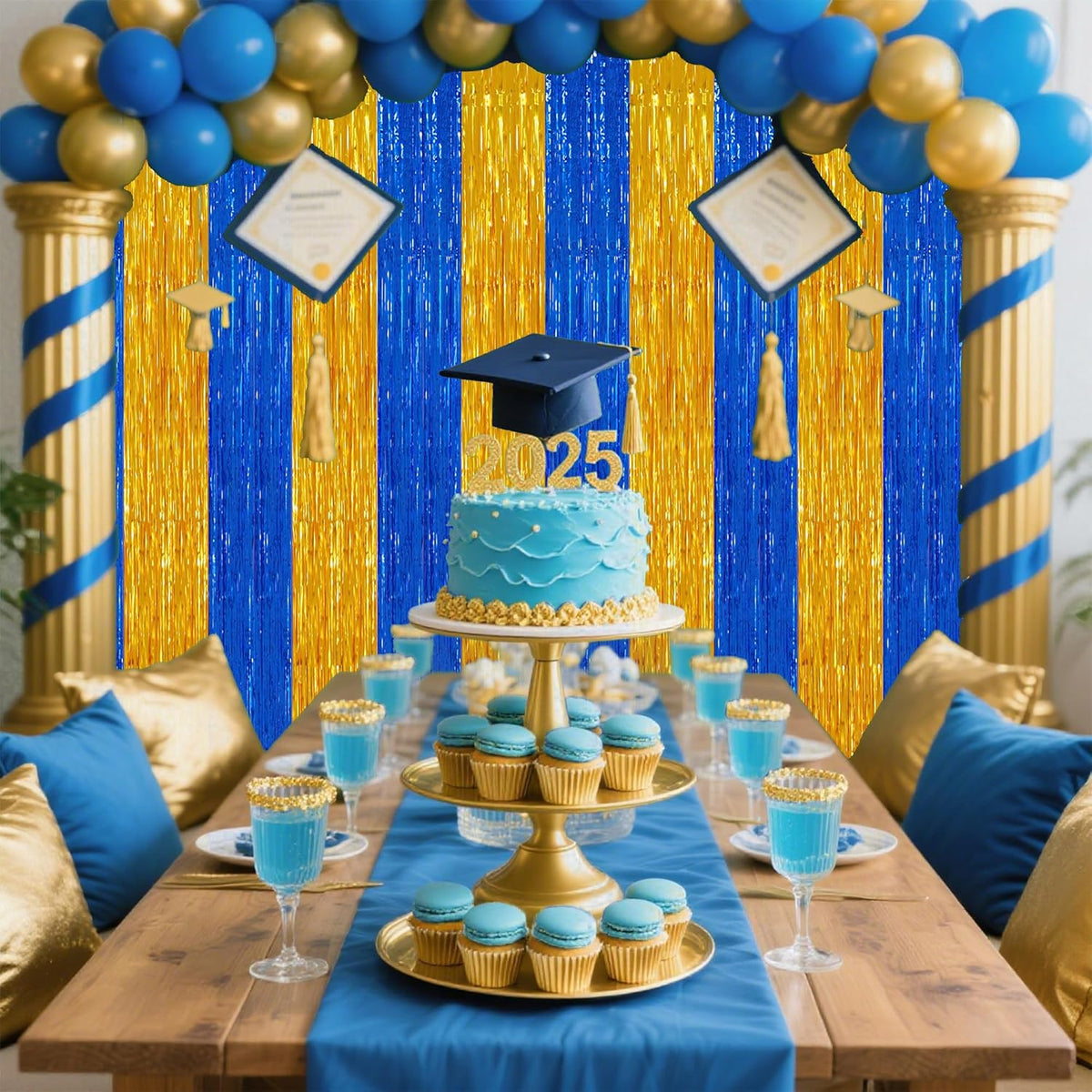 TONIFUL 2Pcs Blue Gold Door Streamers,Green Photo Booth Backdrop,Metallic Streamers Green Foil