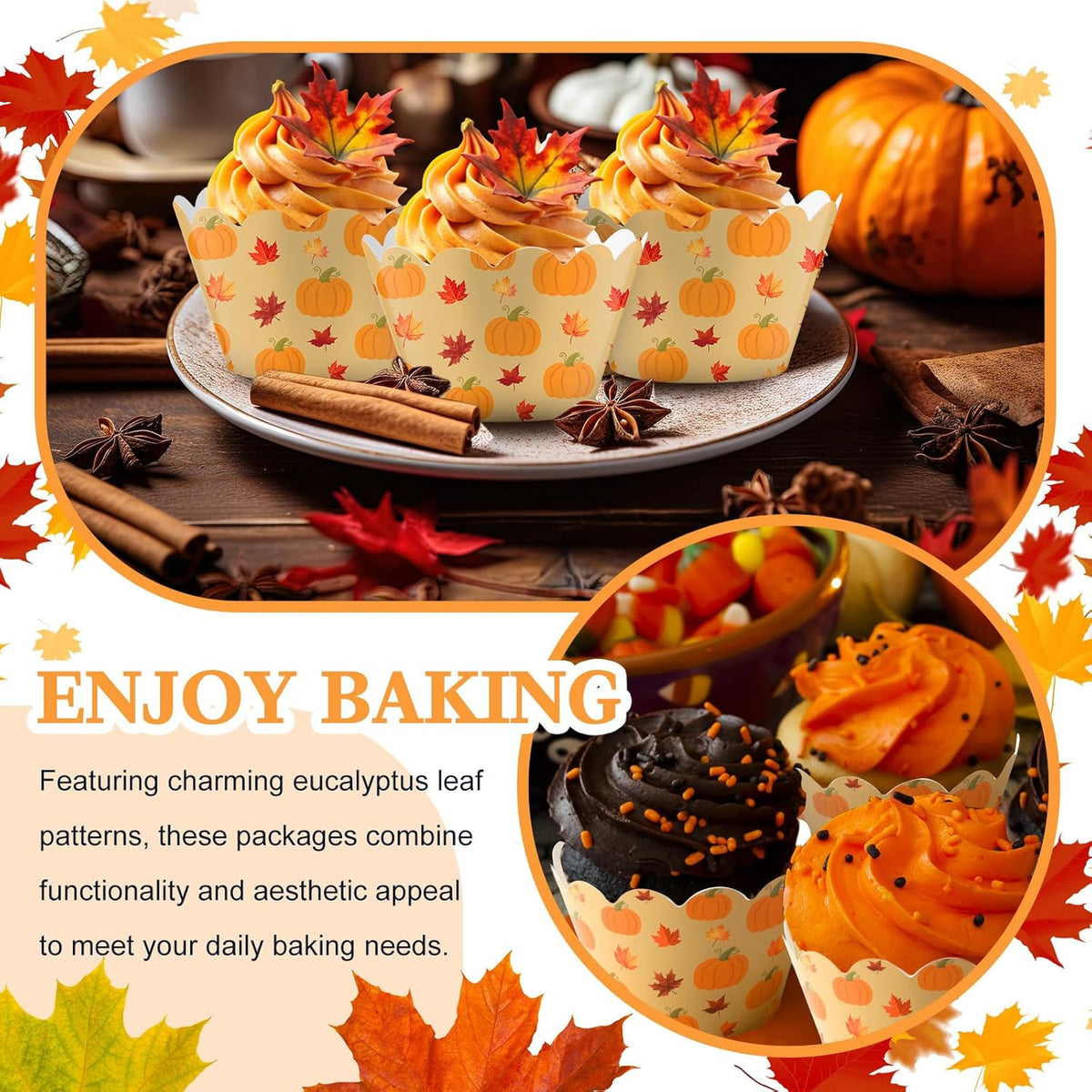 Domensi 100 Pcs Fall Pumpkin Maple Leaf Cupcake Wrappers Rustic Cupcake Liners Thanksgiving Baking