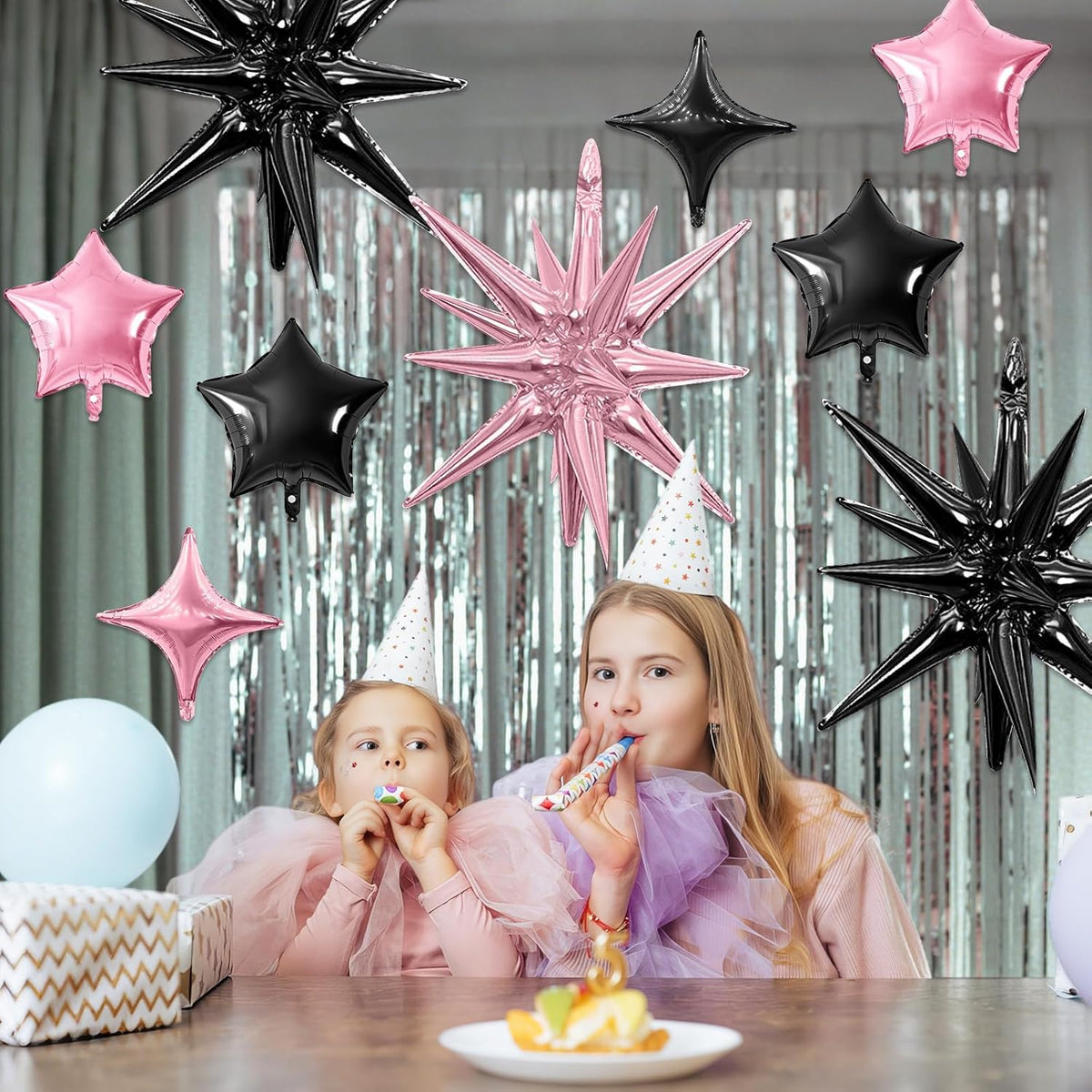 Pink Black Star Balloon,16Pcs Star Foil Balloons Set with 22Inch Explosion Spike Cone Balloons and