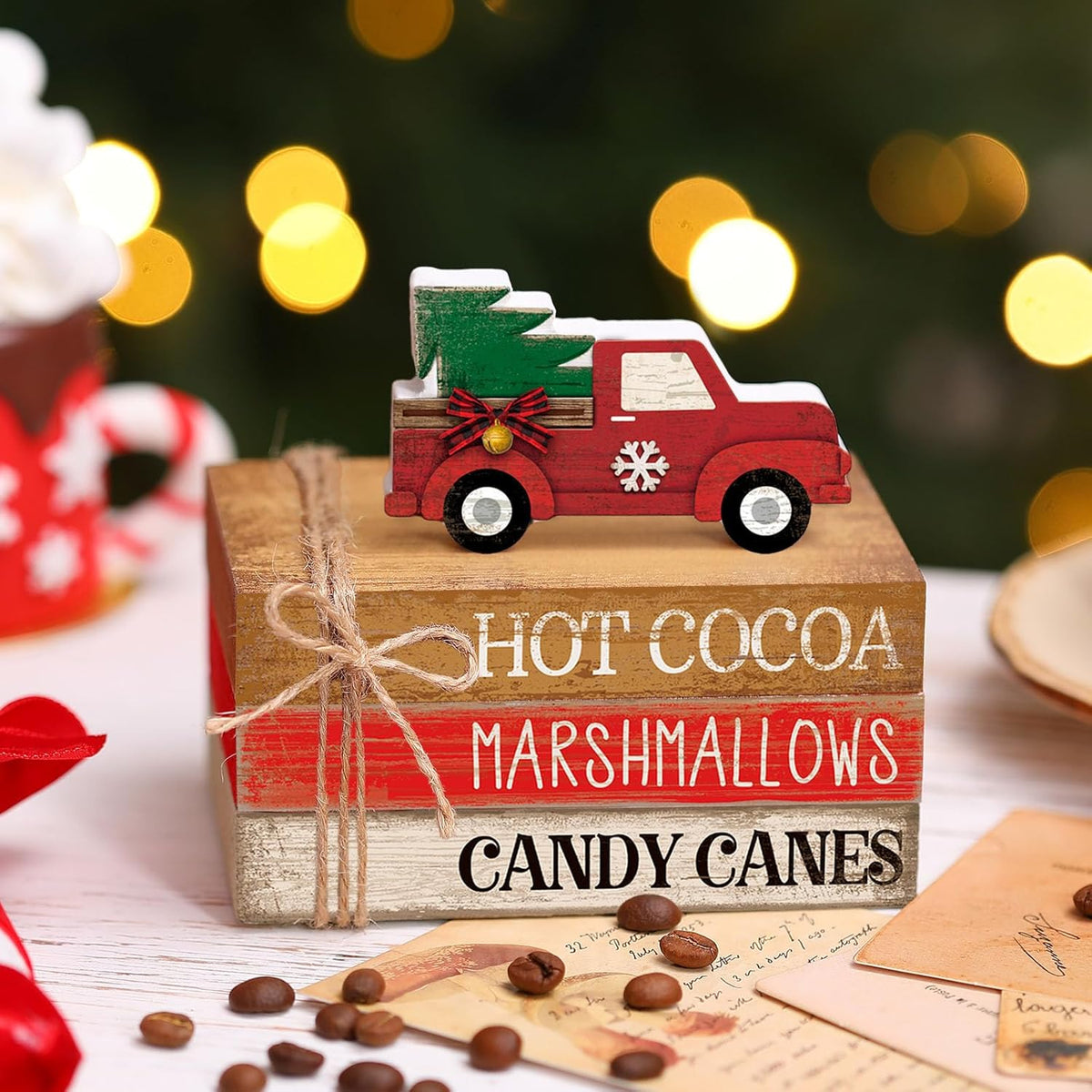 4 Pcs Christmas Table Decorations Red Truck Winter Tiered Tray Decorations Rustic Merry Christmas