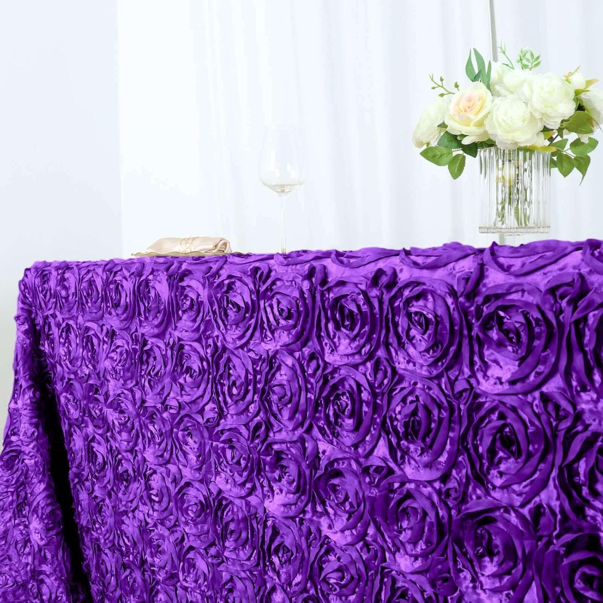 Efavormart 90"x156" Wholesale Rectangle Table Cover Purple Grandiose Rosette 3D Satin Tablecloth