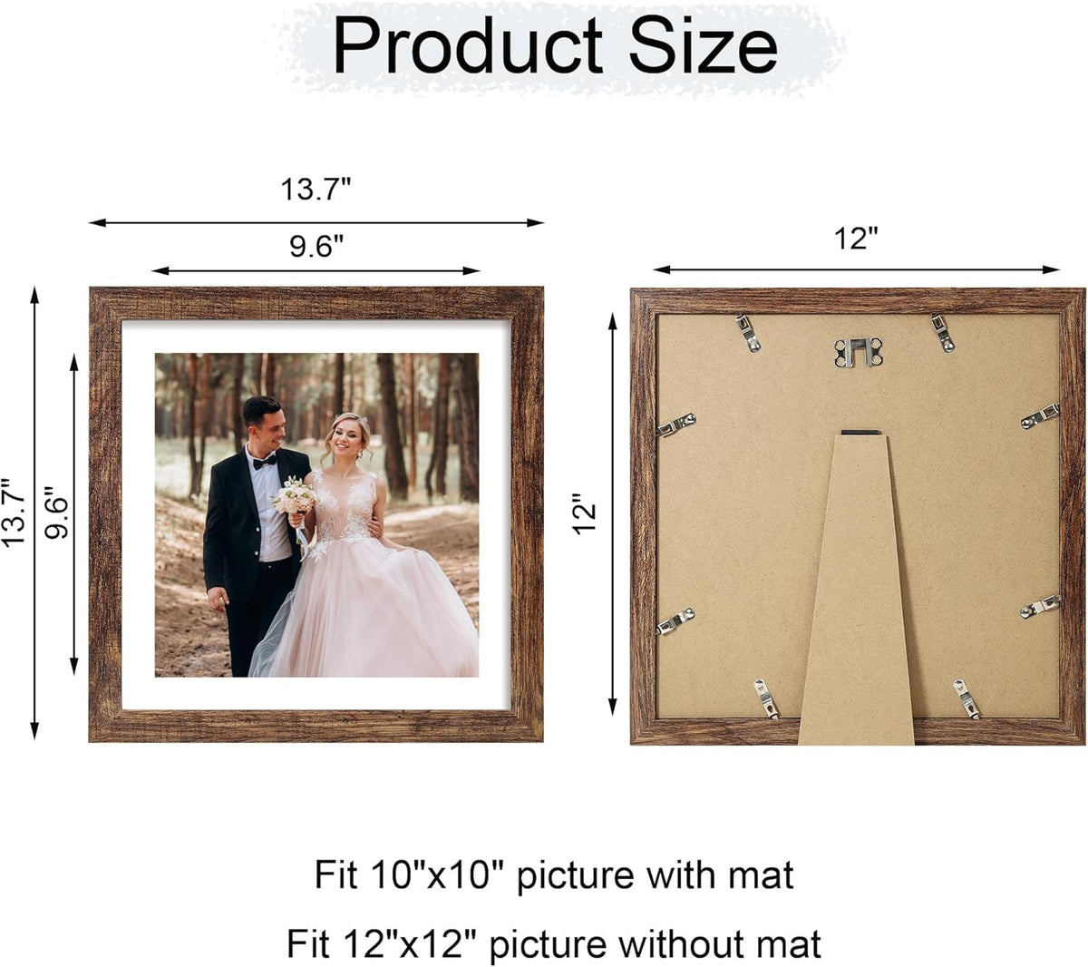 12x12 Picture Frame Set of 4 with Tempered Glass, Rustic Frame Display 10x10 Pictures with Mat or