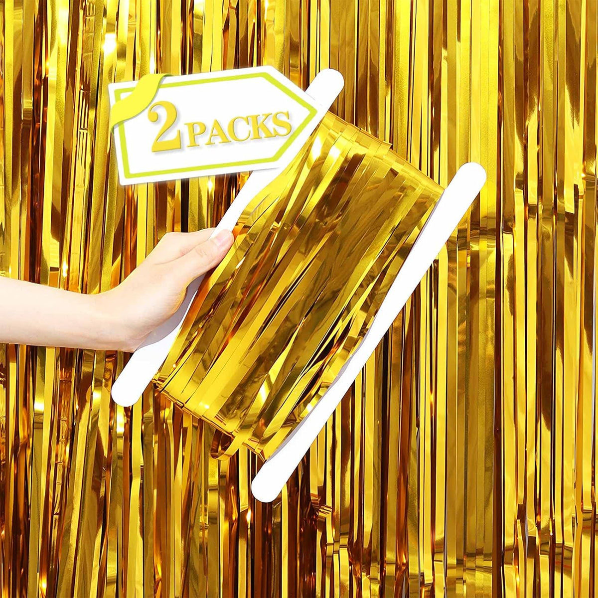 Metallic Gold Tinsel Foil Fringe Curtains Backdrop, 2 Pcs 3.28 ft x 6.56 ft Streamers for Birthday