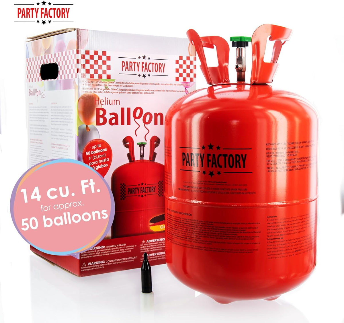 Party Factory Helium Tank for up to 50 Latex Balloons, Helium Cylinder 14.1 cu. ft. Gas with