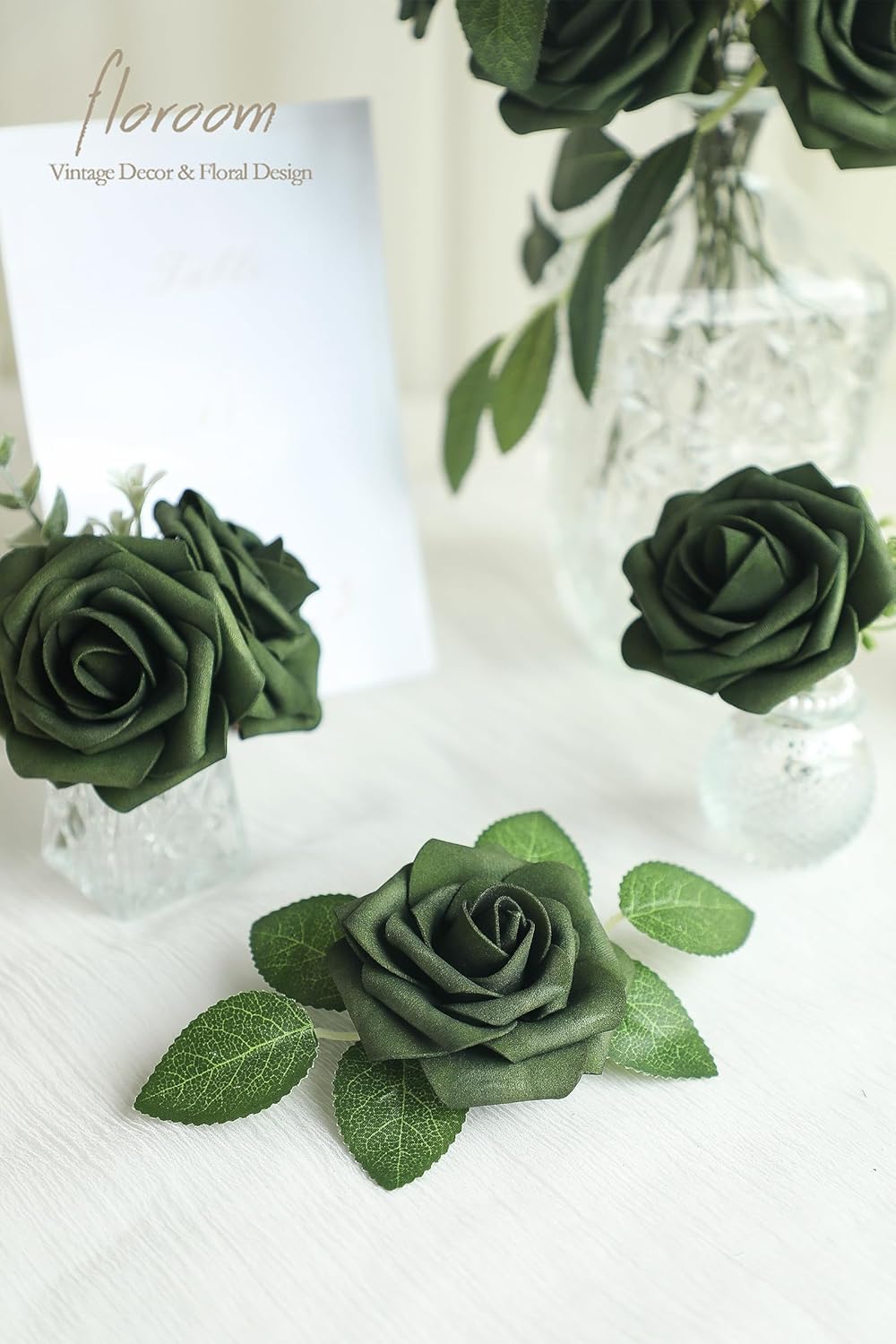 Floroom Artificial Flowers 25pcs Real Looking Emerald Green Foam Fake Roses with Stems for DIY