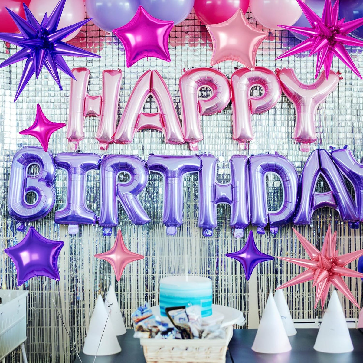 16 Pcs Hot Pink Purple Star Balloons, 22/18/10 Inch Foil Balloons, Four-Pointed Balloon for Girl