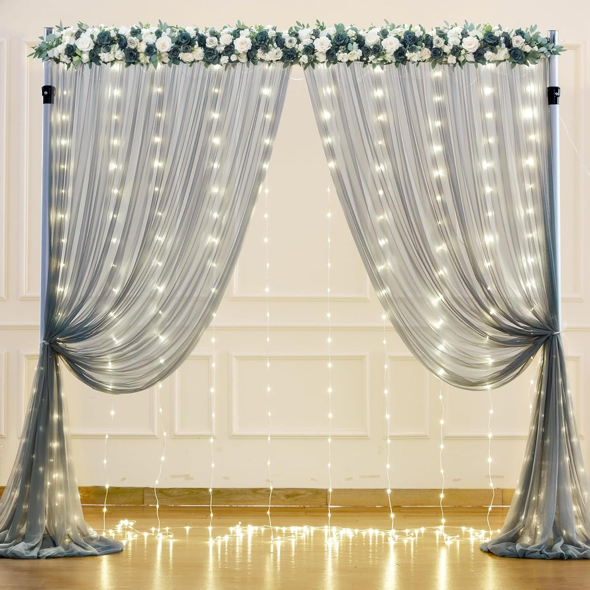 Silver Grey Tulle Backdrop Curtain with Lights String for Parites 10x10ft Sheer Backdrop Curtains