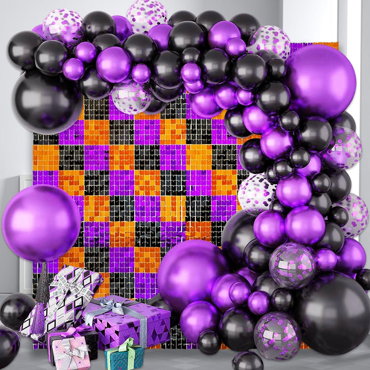24PCS Black Orange Purple Shimmer Wall Backdrop, Halloween Square Sequin Photo Backdrops Panel