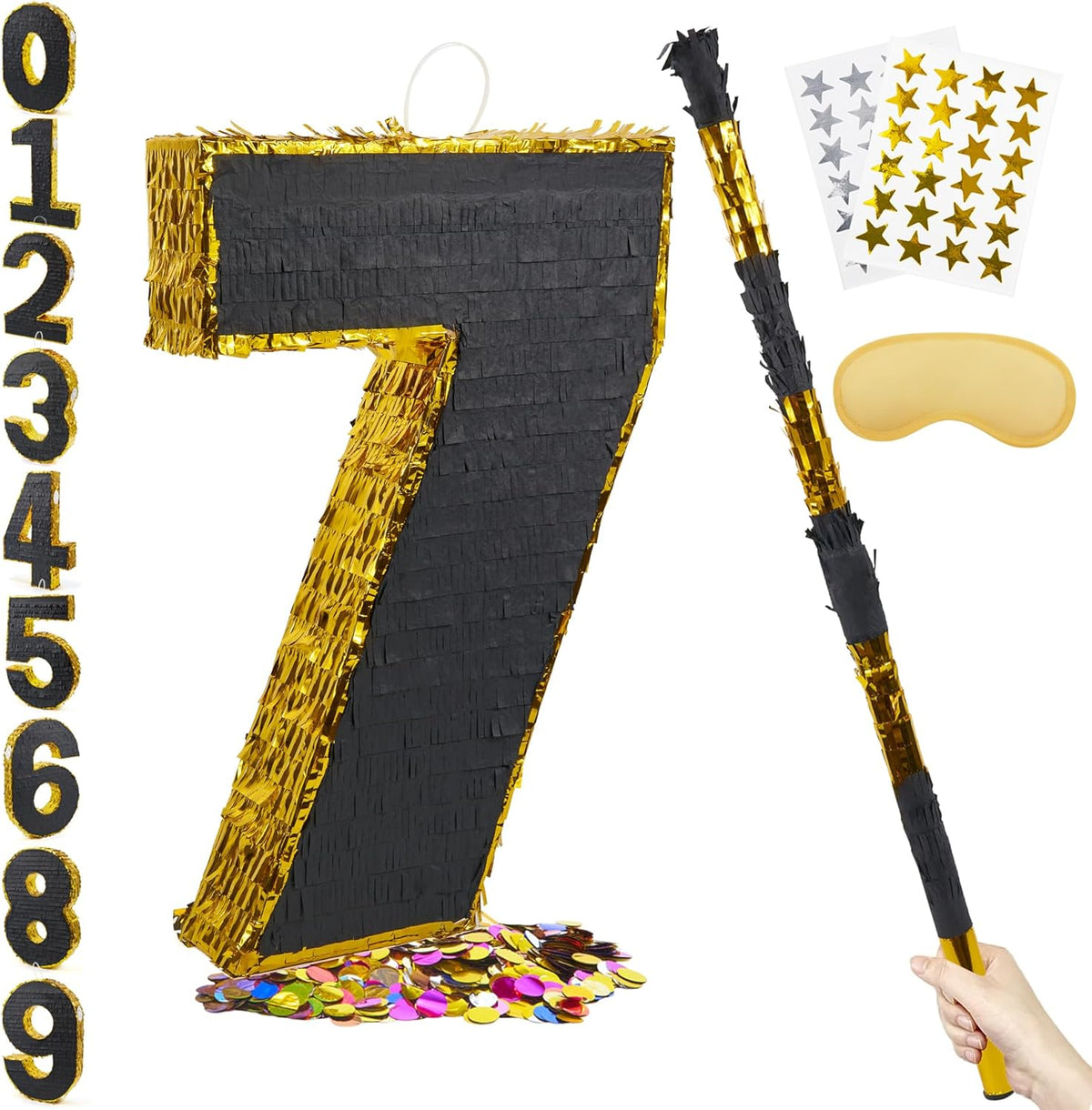 PCFING 20 Inch Number 7 Piñata Gold Black with 30 Inch Piñata Stick Blindfold Confetti for Man