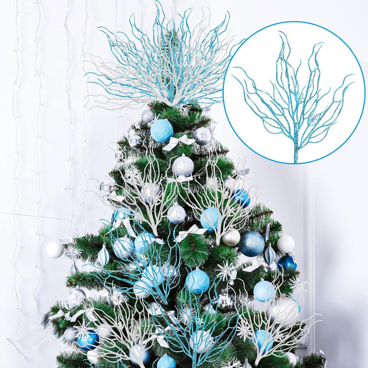 8 Pcs Blue White Coastal Ornaments for Christmas Tree 15.7inch Glitter Coral Beach Ocean Spray Pick