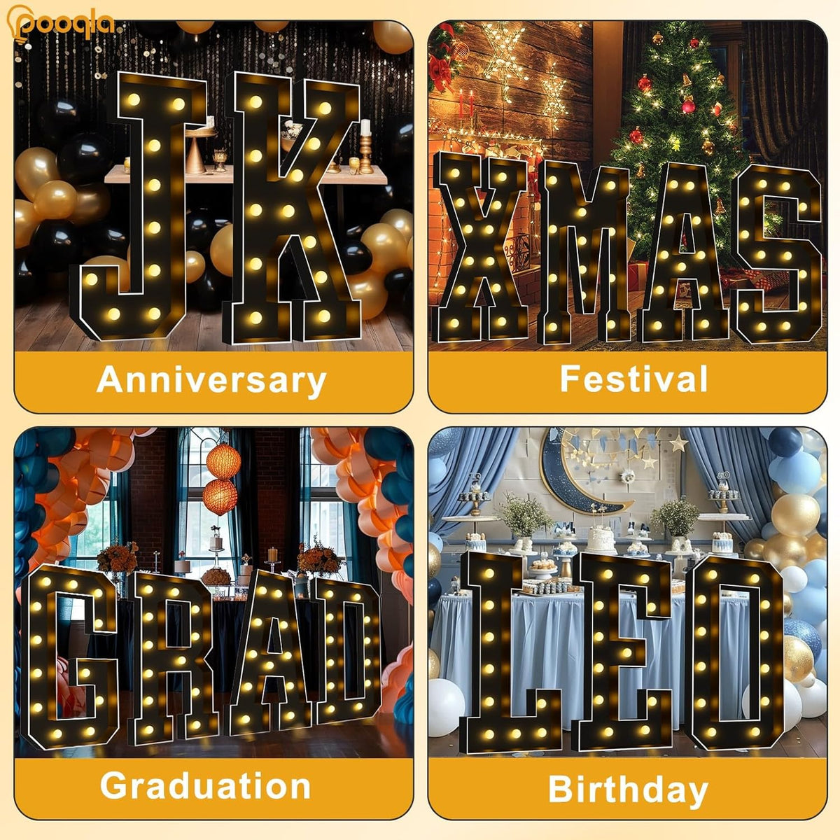Pooqla 4 FT Marquee Light Up Letters, Black Marquee Letter Lights 4 Feet Tall, Giant Letter Sign