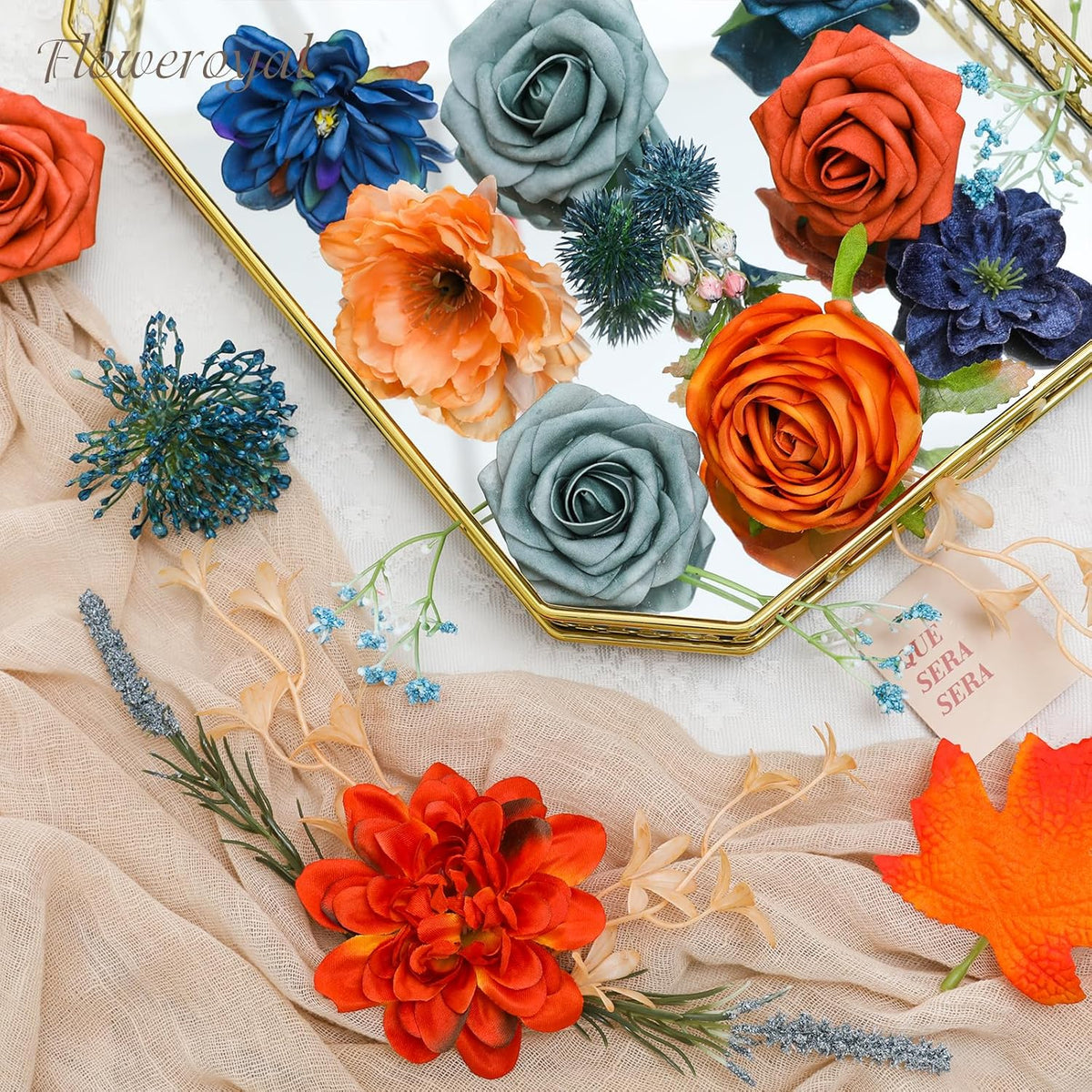 Floweroyal Artificial Flowers Combo Orange Flowers Mix Silk Flowers Dahlia Roses with Stems for DIY