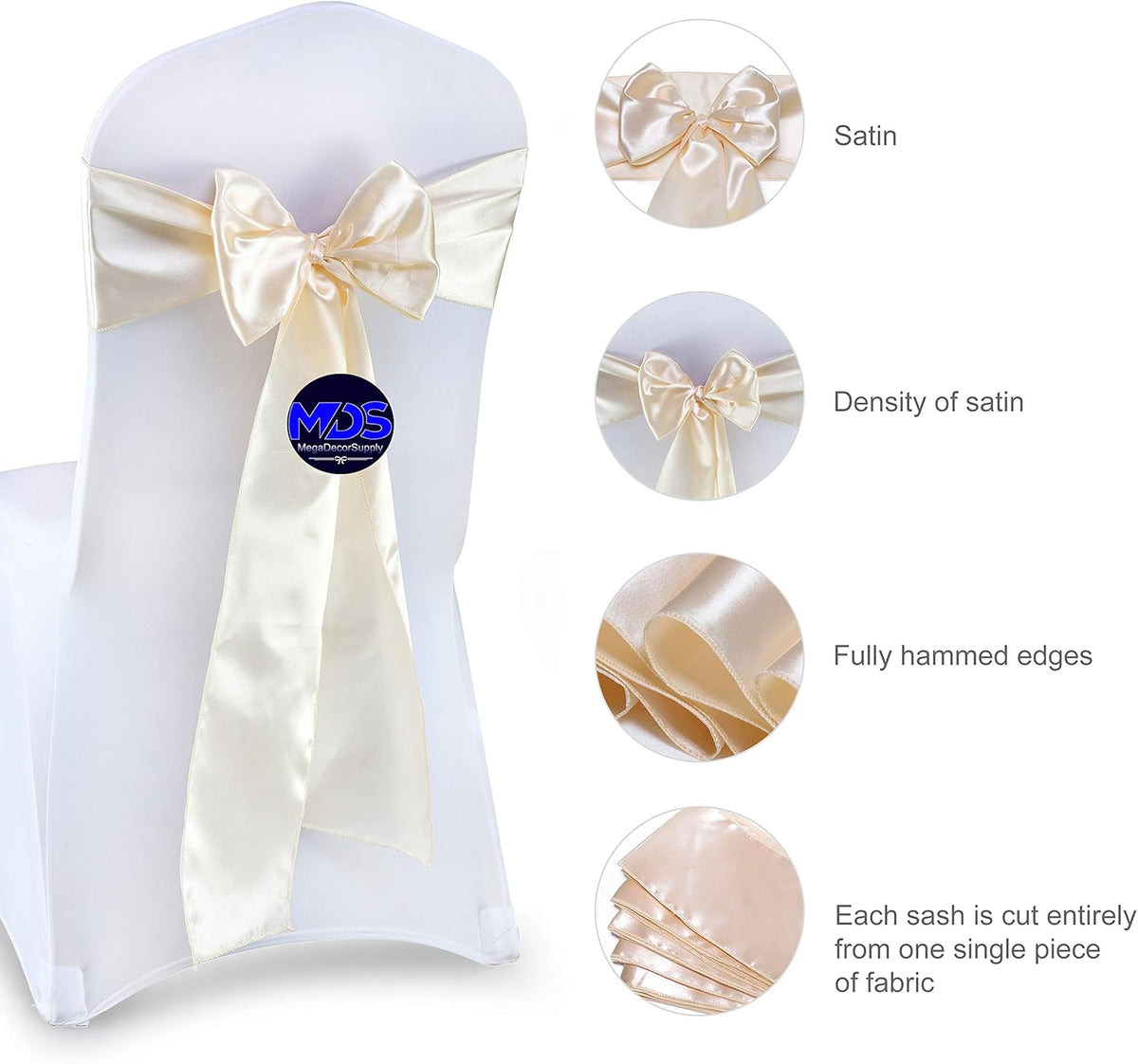MDS Pack of 300 PCS Satin Chair Sashes Charmeuse Sateen Dining Chair Bows Ribbon Ties Back Sash for