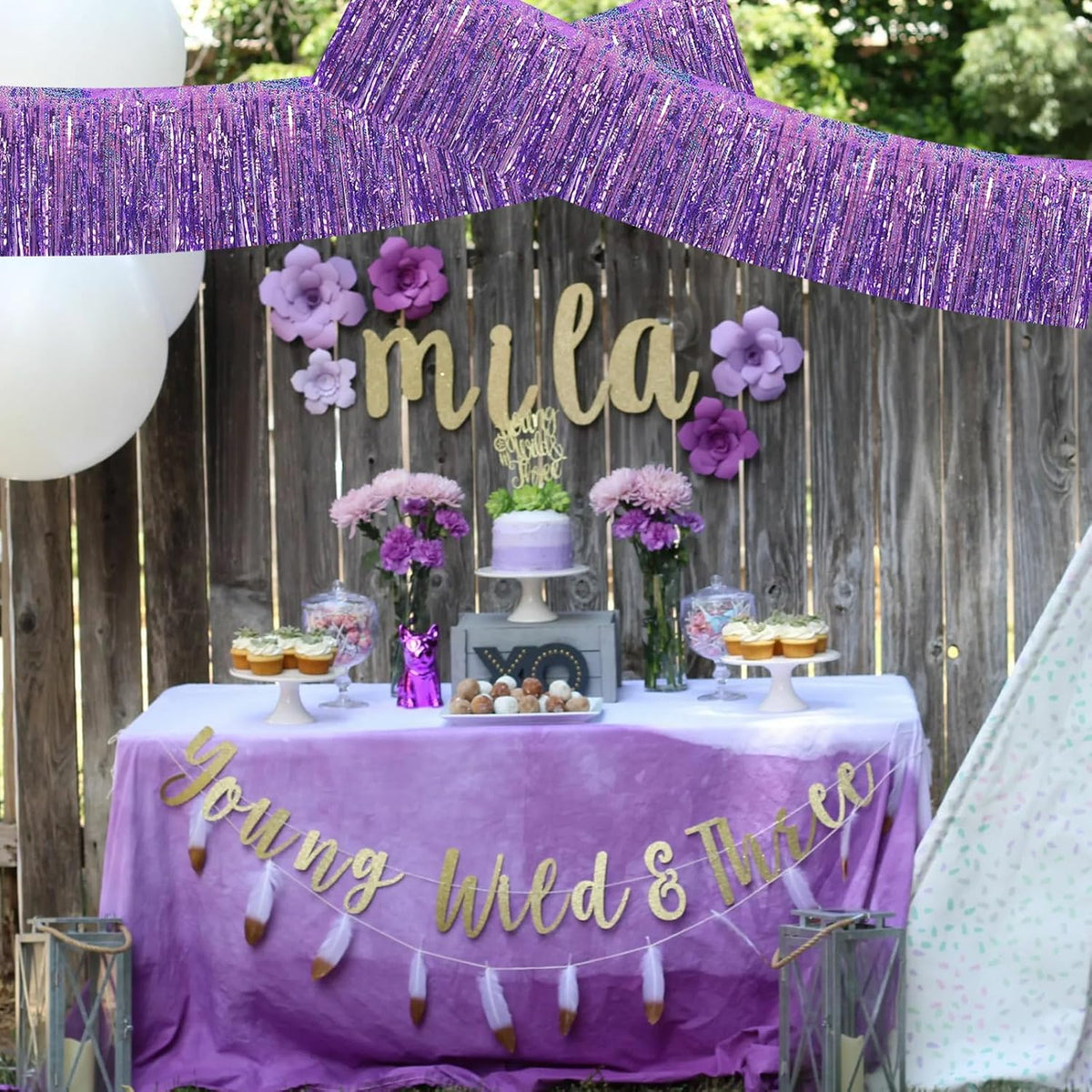 BEISHIDA 3 Packs Metallic Foil Fringe Garland Laser Light Purple Wall Hanging Tinsel Fringe Banners
