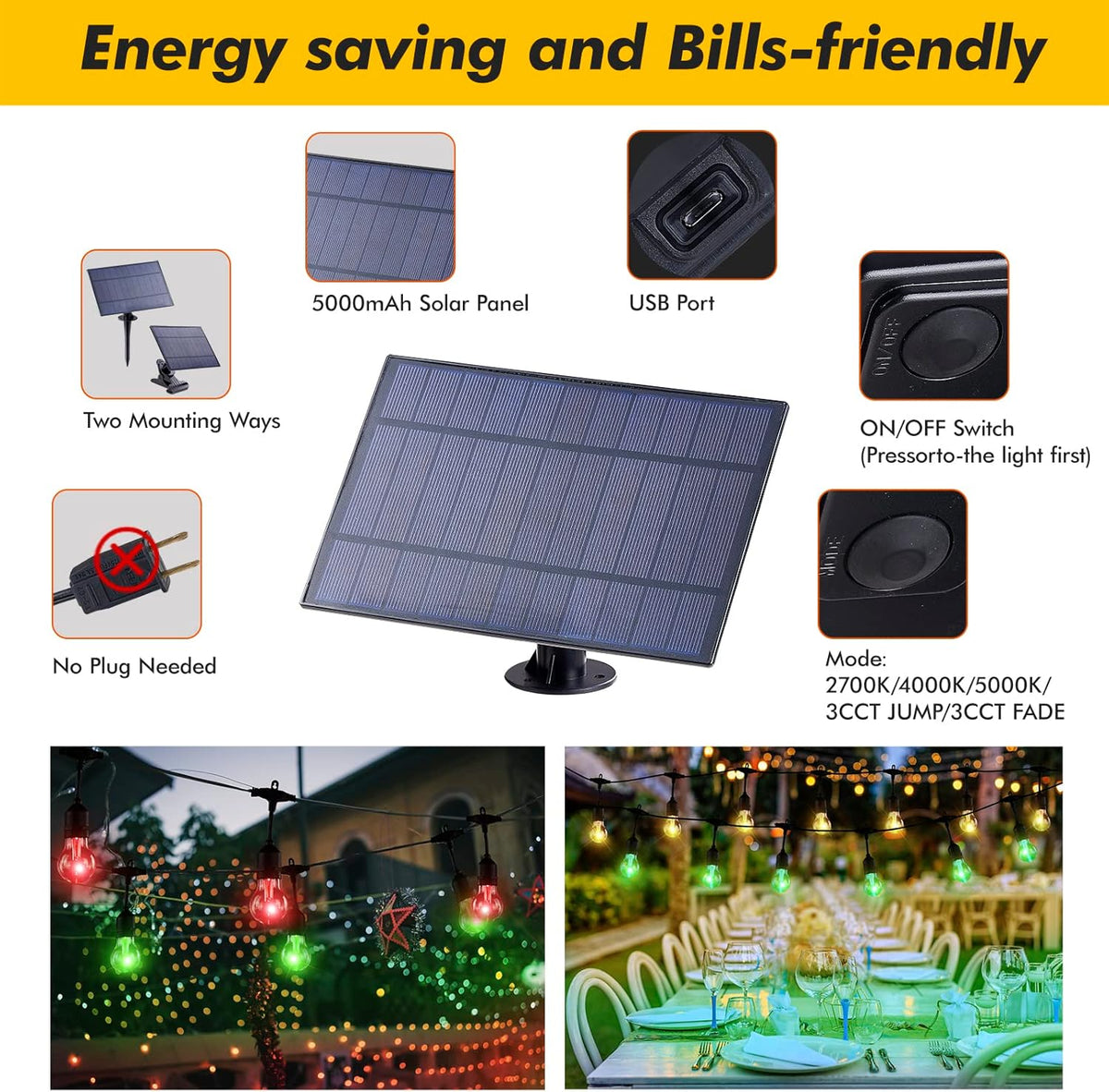 96FT Solar Outdoor String Lights with Remote, 30 Shatterproof Edison Bulbs, Dimmable Color Changing