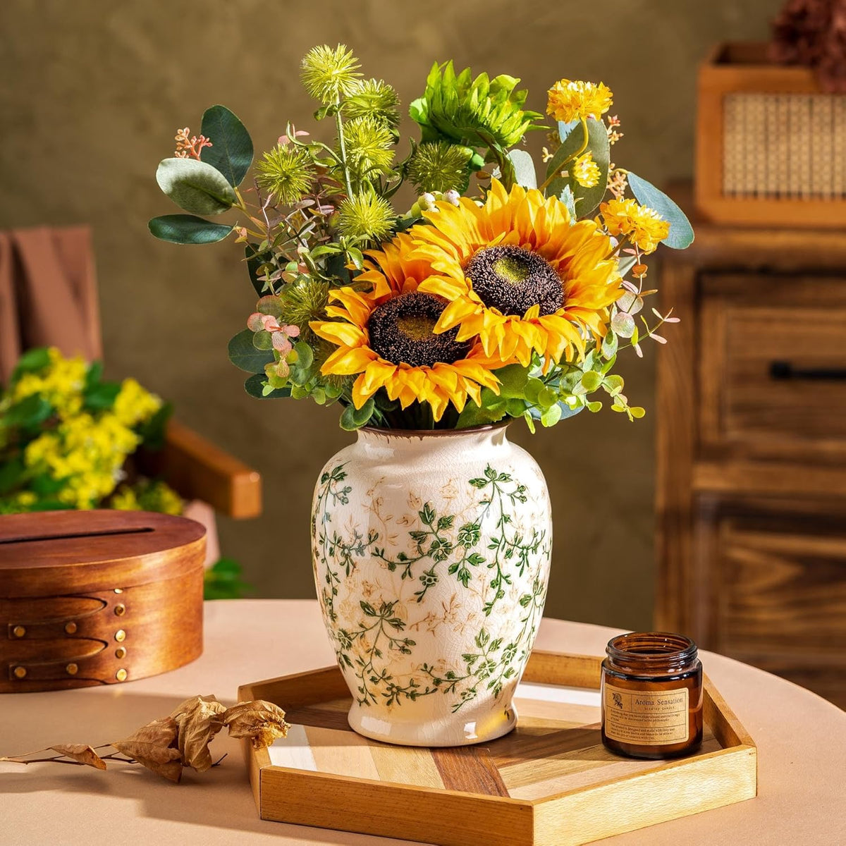Vintage Green and Beige Vase, Round Ceramic Floral Vases, Retro Ice Cracked Chinoiserie Vase for