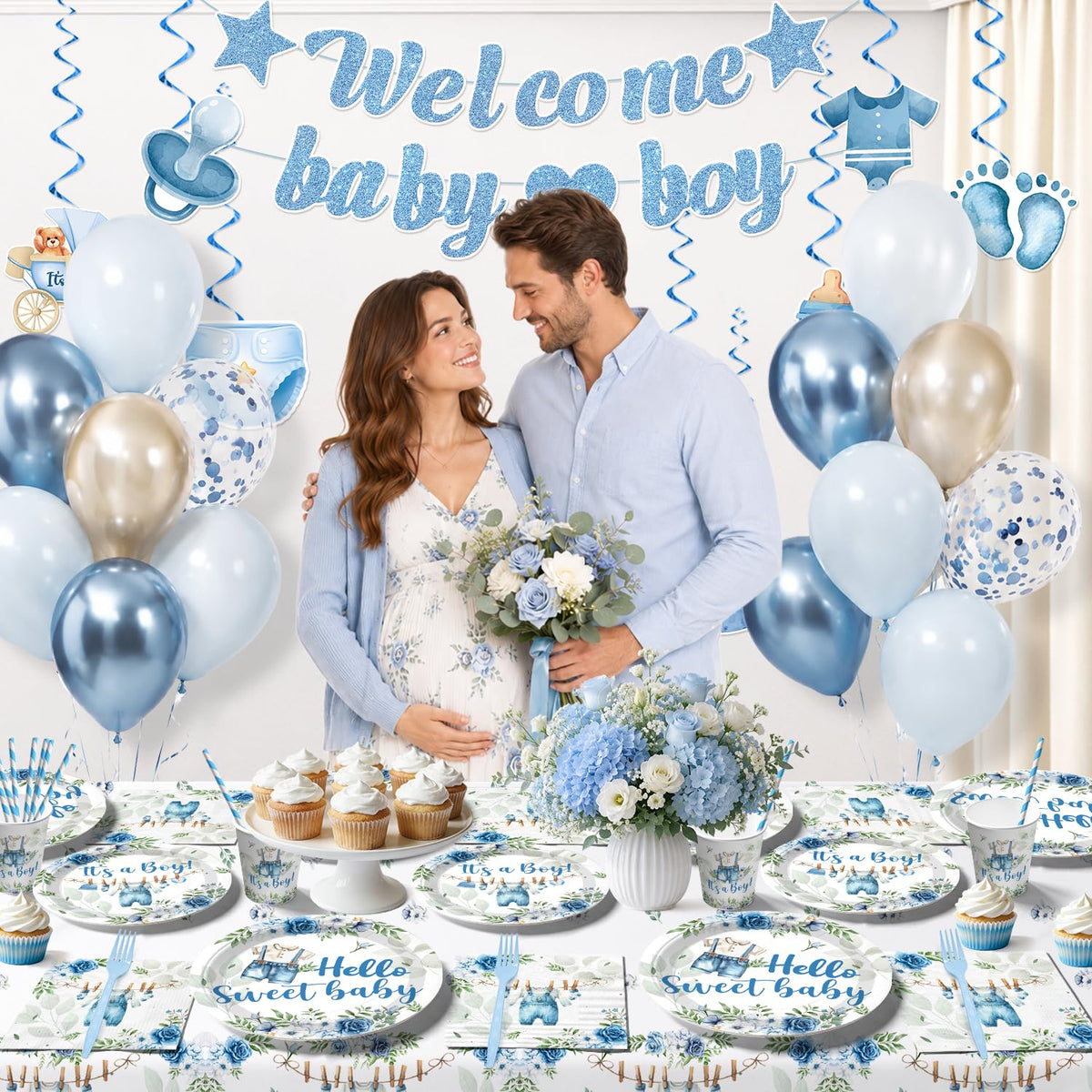 213Pcs Cocomigo Blue Baby Boy Shower Decorations Tableware Set, Serves 25
