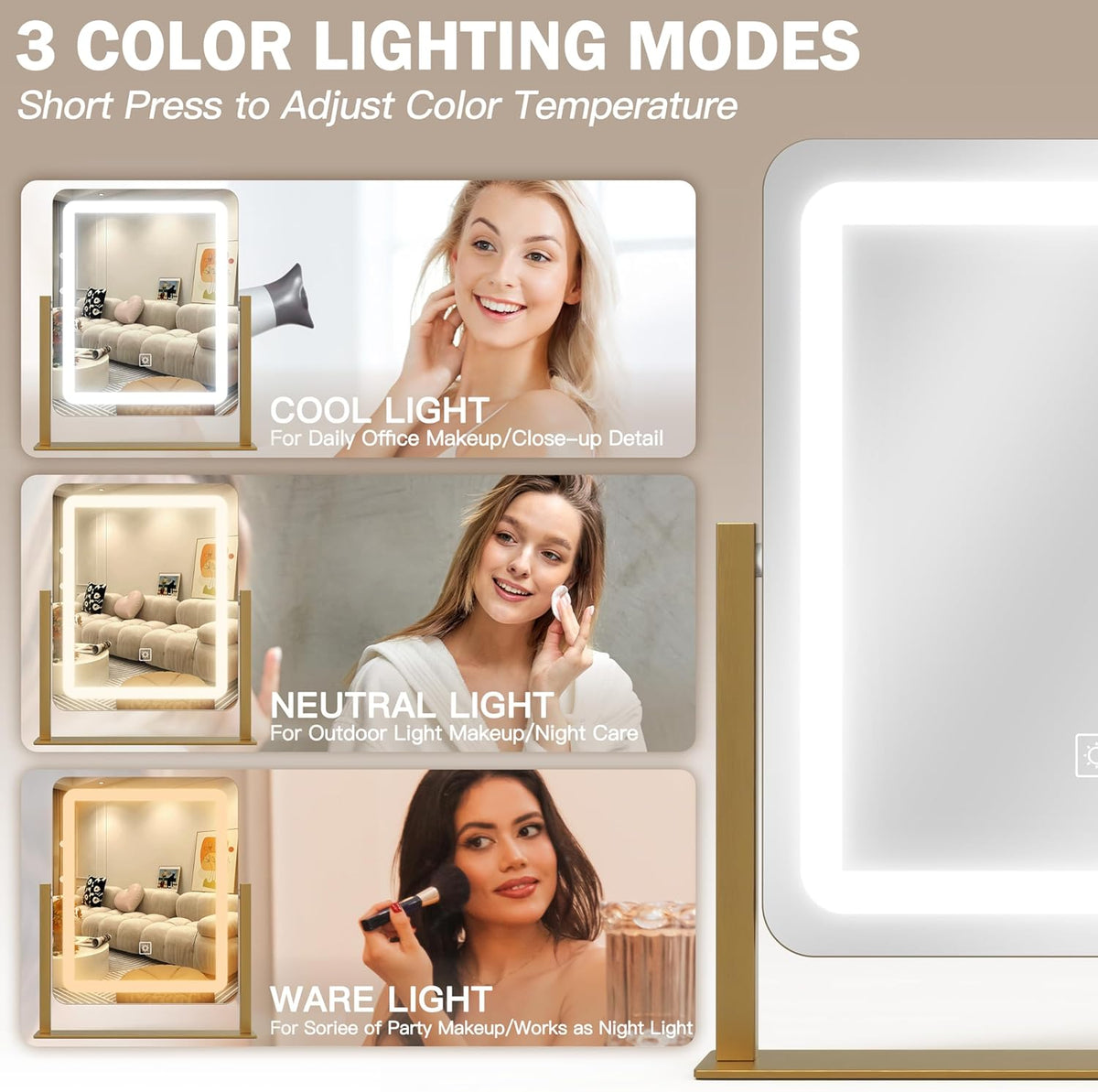 Vanity Mirror with Lights, 12.6"×15" LED Makeup Mirror, Lighted Makeup Mirror with Lights, Smart