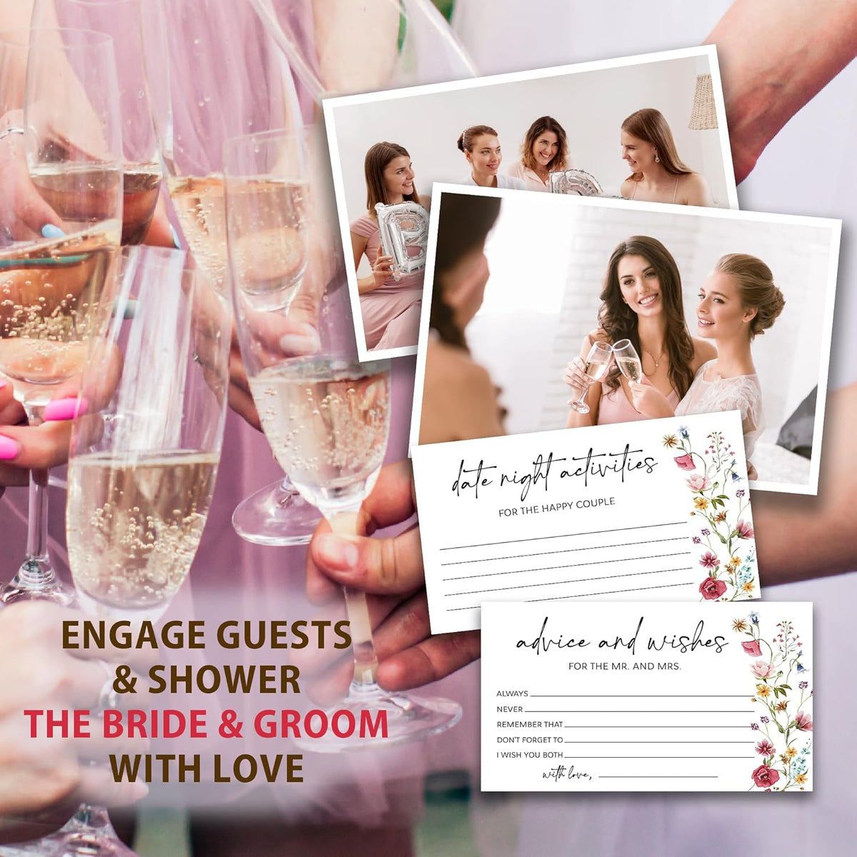 Wildflower Advice and Wishes for the Mr and Mrs - 50 Packs Wedding Advice Cards Bridal Shower Game