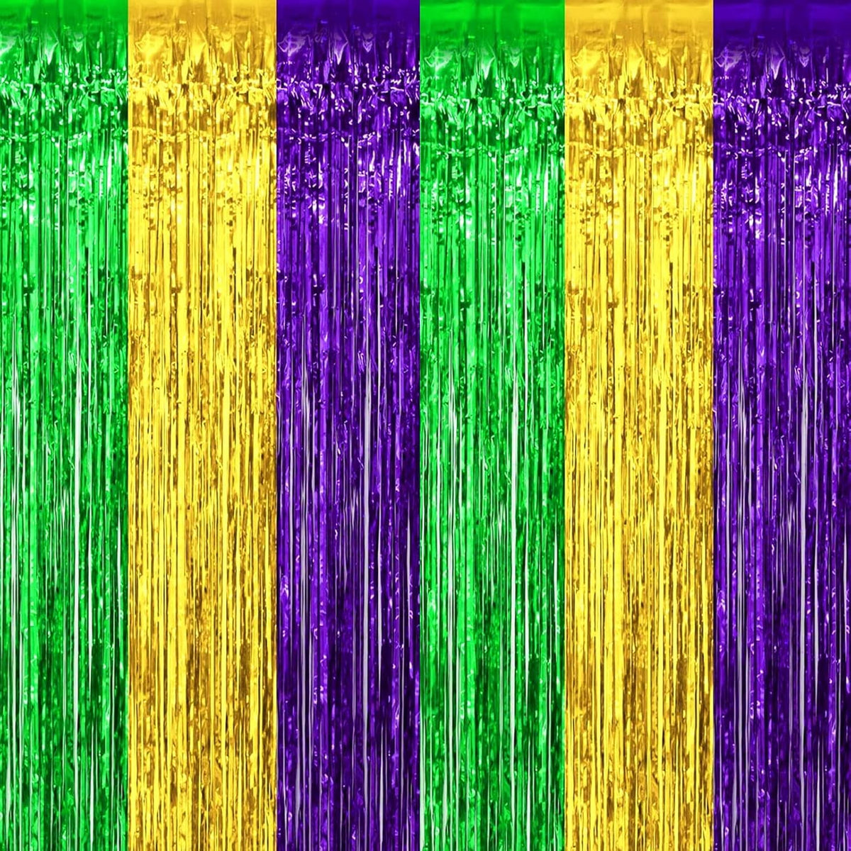 4 Pack Mardi Gras Foil Fringe Curtain Backdrop, 3.28Ft x 8.2Ft Gold Green Purple Metallic Tinsel