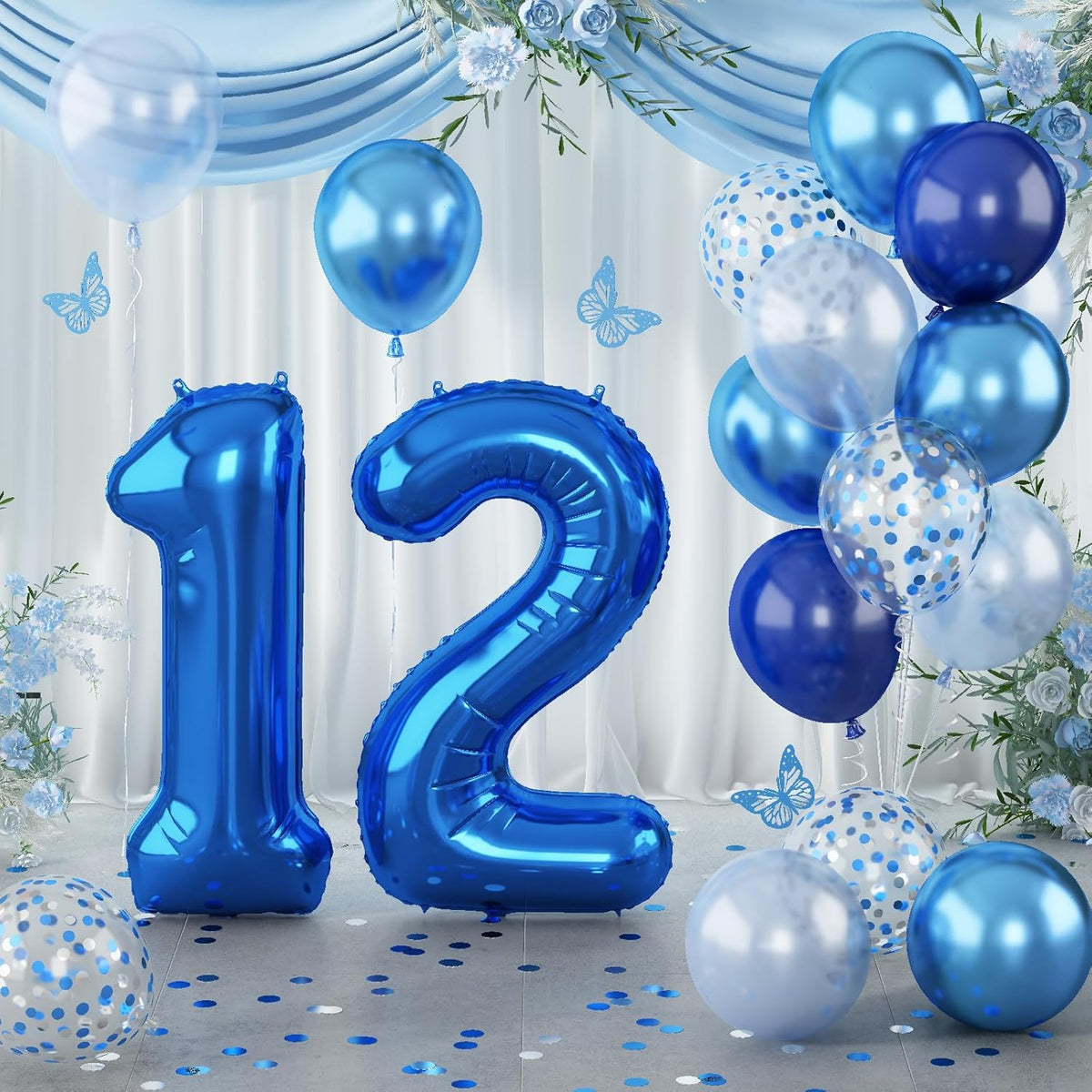 Navy Blue 12th Birthday Giant Self Inflating Number 12 Balloon, Metallic Dark Blue Silver Confetti