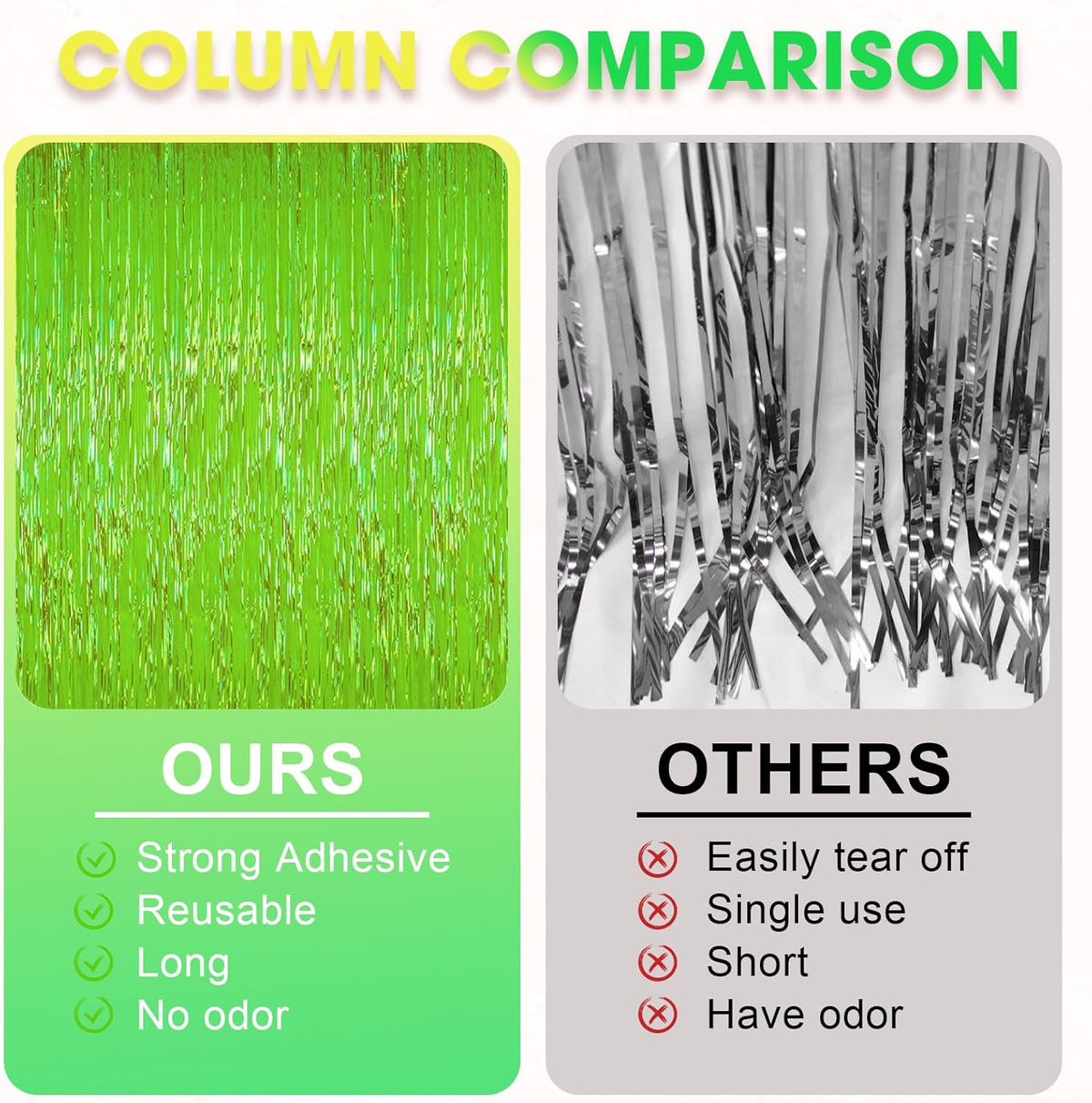 2 Pack Green Iridescent Tinsel Foil Fringe Curtains, Neon Party Decorations, Metallic Tinsel Party