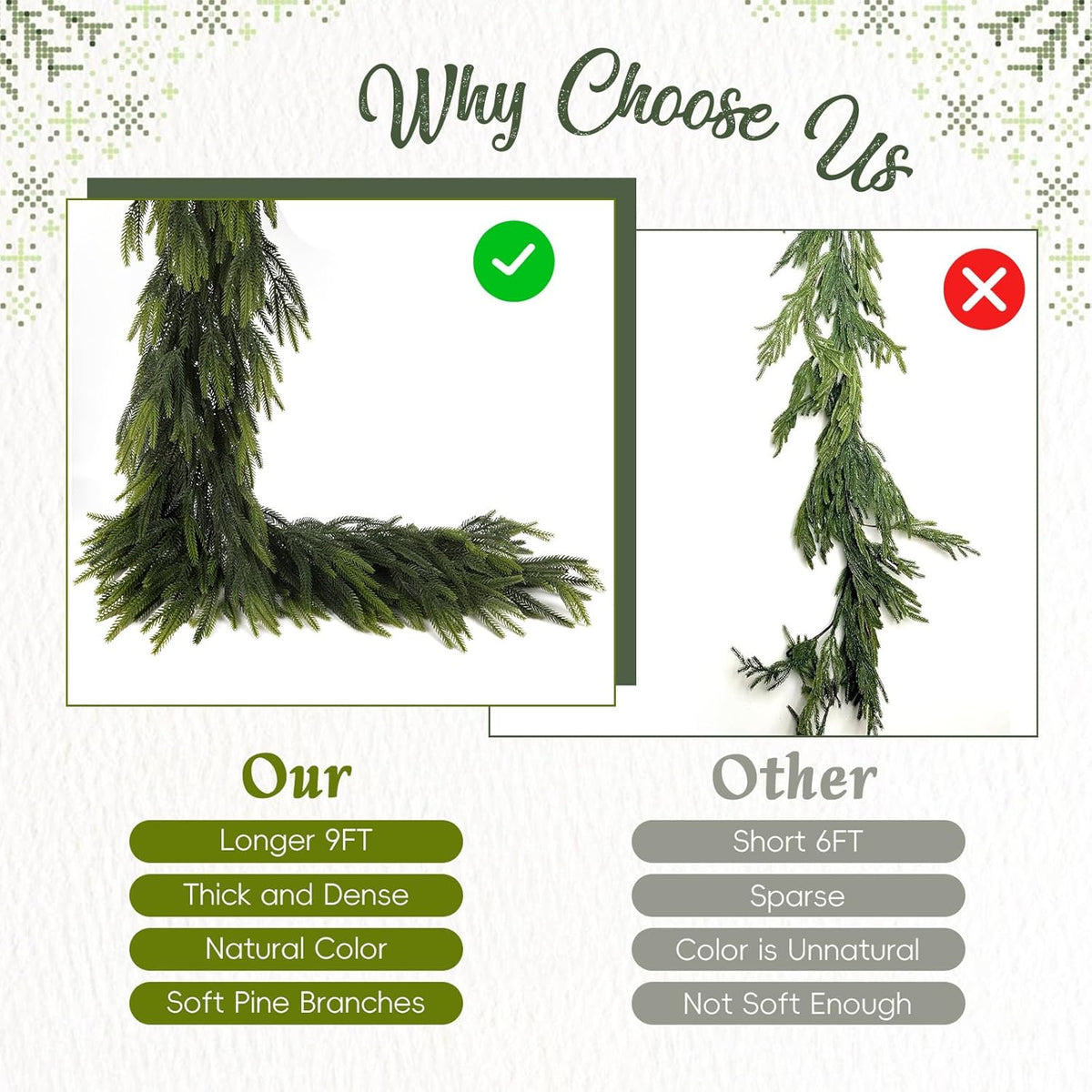 N&T NIETING 9FT Christmas Norfolk Pine Garland Real Touch Pine Artificial Garlands Faux Greenery
