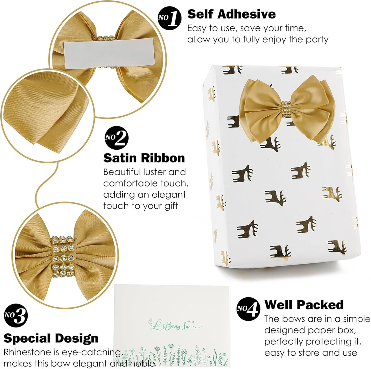 Gold Bows 4'' Premade Satin Ribbon Bow, Gift Bows with Rhinestone, Wrapping Bows for Presents
