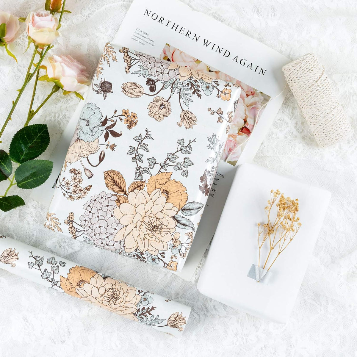 WRAPAHOLIC 30 Inch Jumbo Floral Wrapping Paper - 30 Inch X 33 Feet - Vintage Floral Printed on