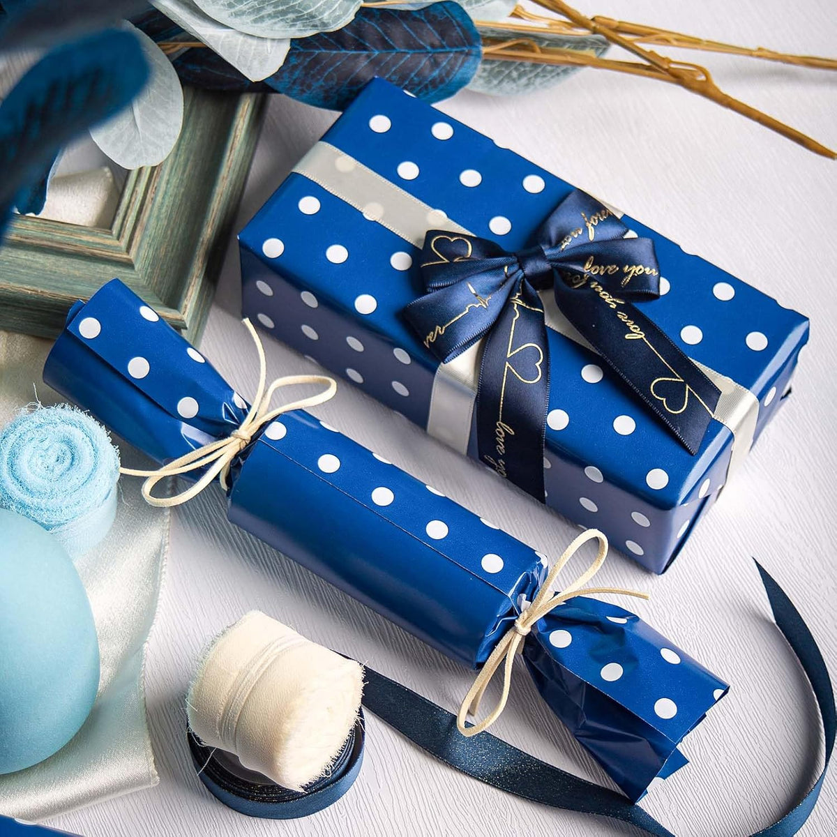 Flyhill Navy Blue Wrapping Paper,Reversible Gift Wrap Paper with Polka Dot Design for Father's