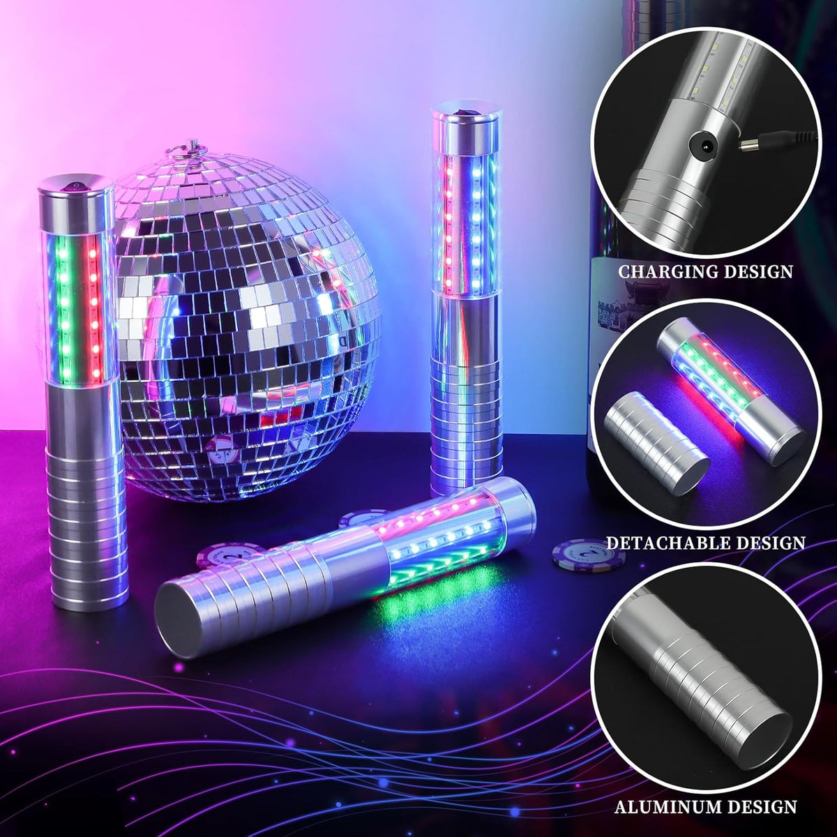 6 Pieces RGB LED Strobe Baton Light Rechargeable Bottle Service Sparklers Stick Reusable Champagne