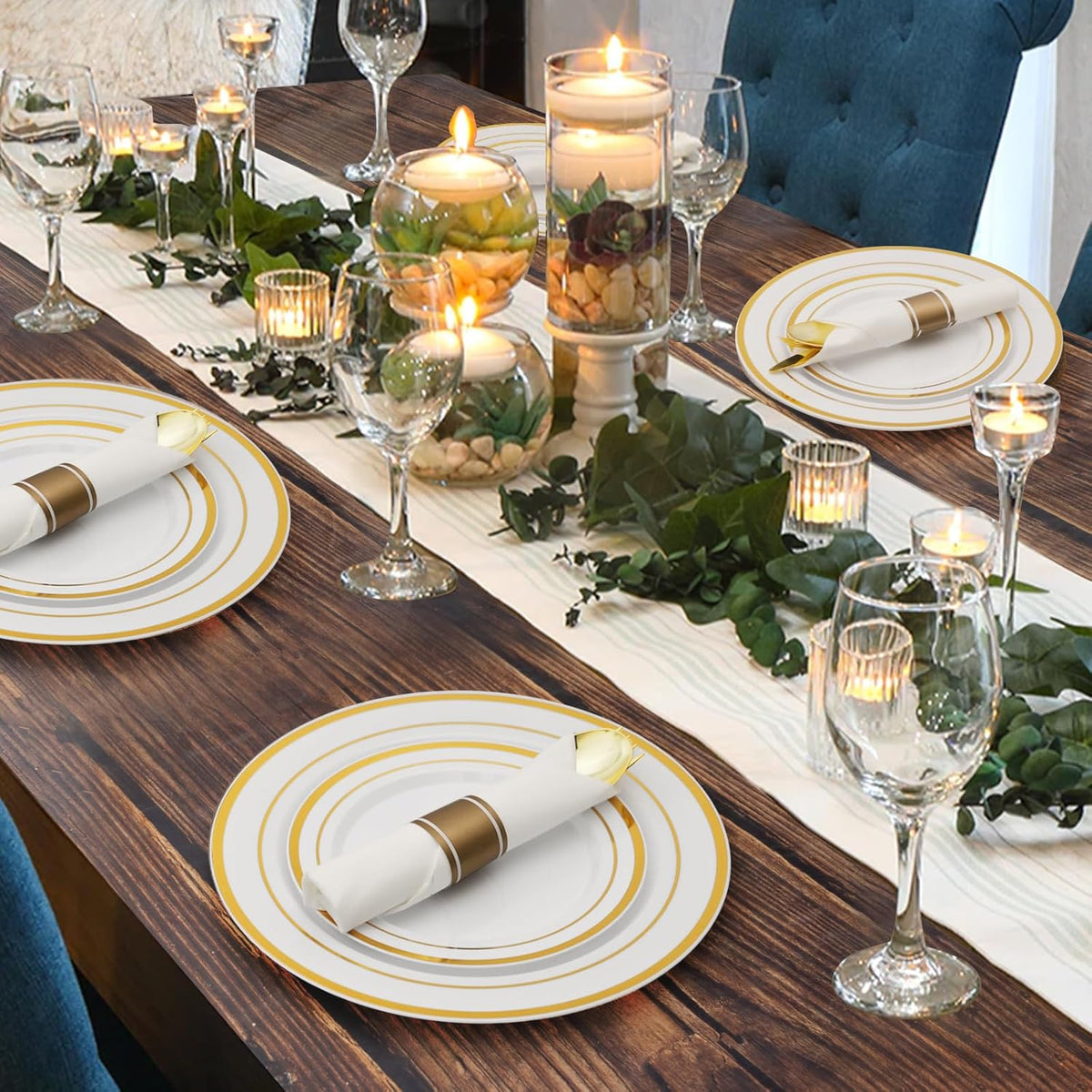 Goodluck 350 Piece Gold Plastic Dinnerware Set for 50 Guests, Fancy Disposable Plates for Party