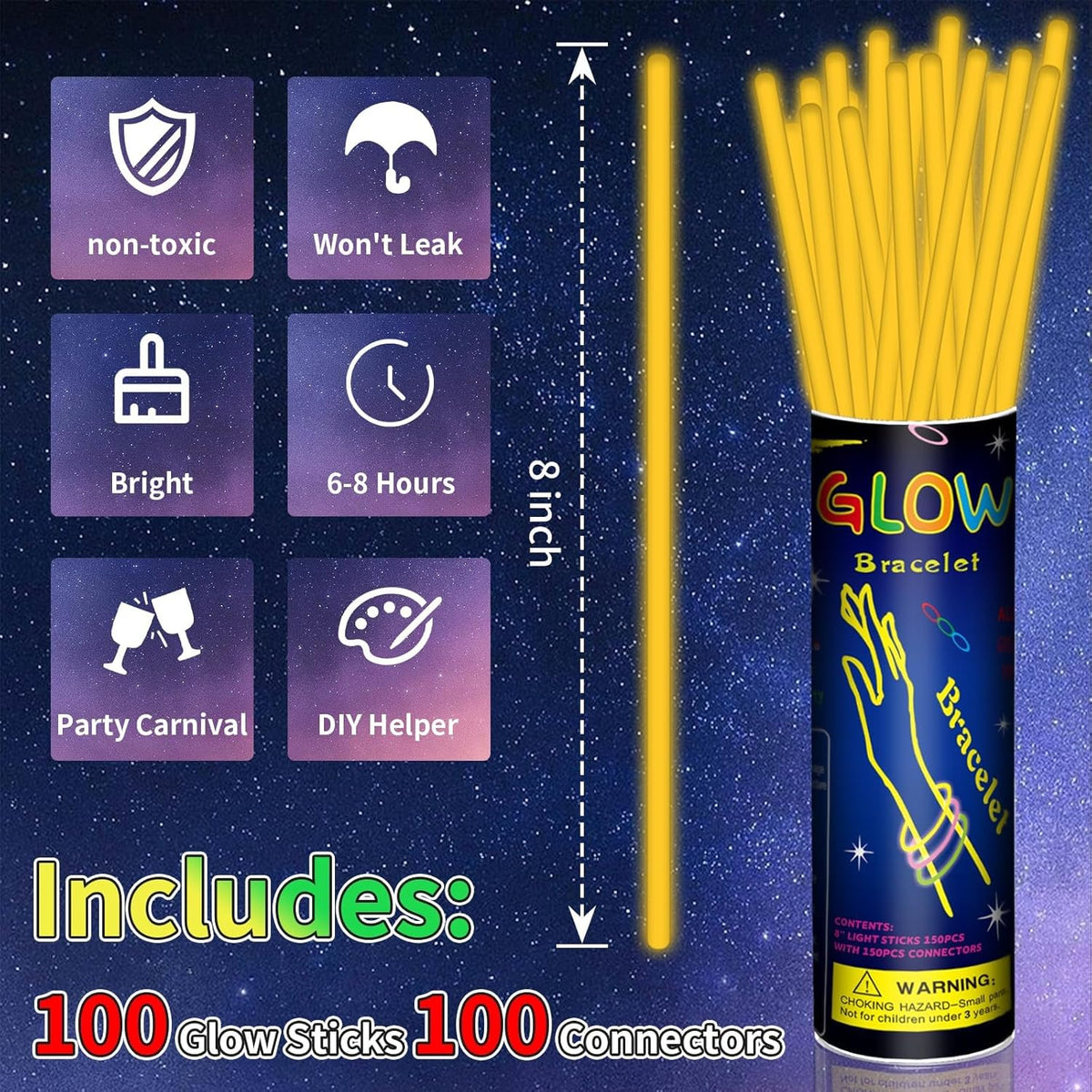 100 Pack 8” Orange Glow Sticks Bulk with 100 Connectors Neon Glow In The Dark Party favors Supplies