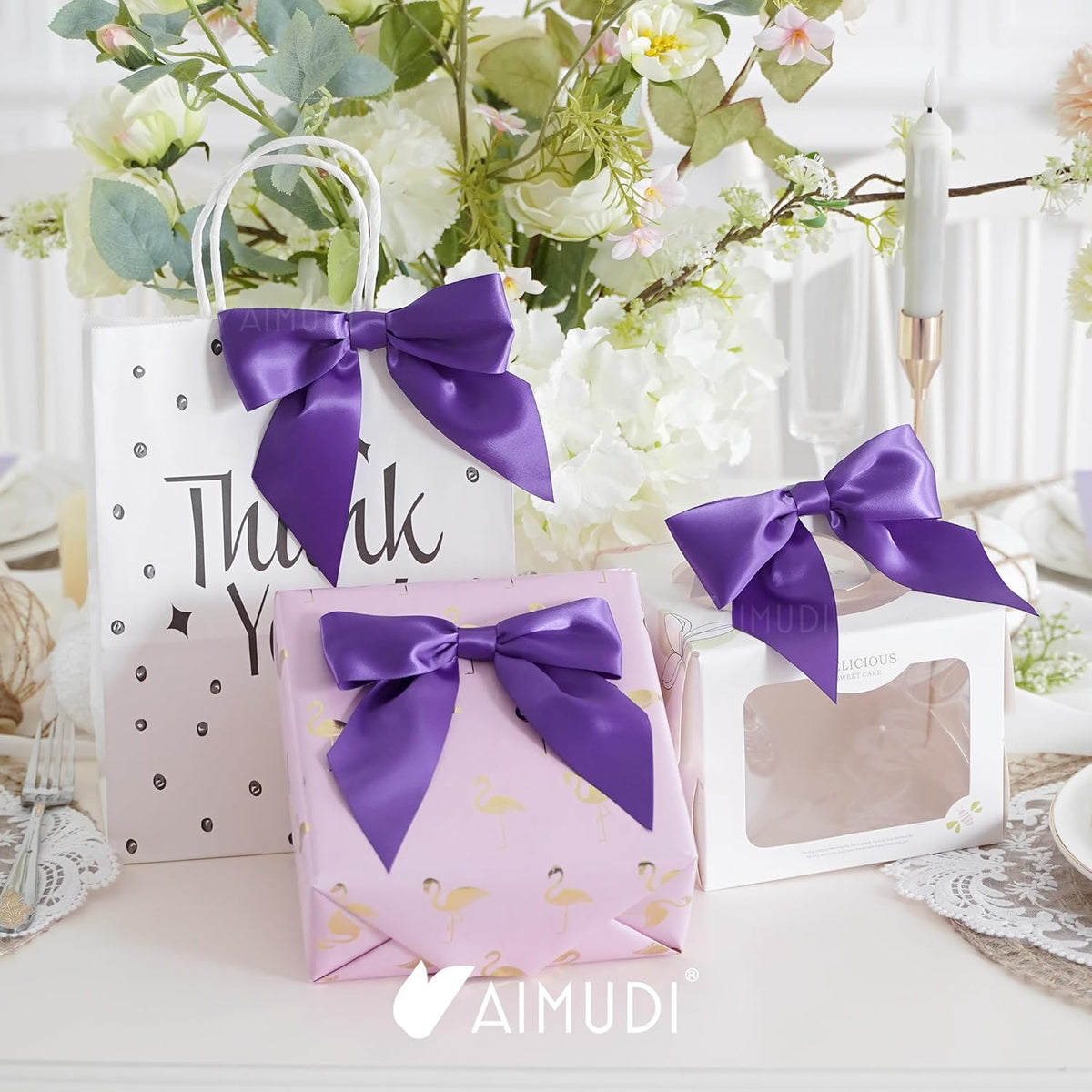 AIMUDI Purple Satin Bows 5.5" Bows for Gift Wrapping Satin Twist Tie Bows Premade Ribbon Bows for