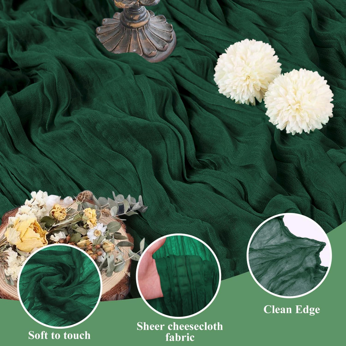 Asee'm Fall Table Runner Cheesecloth 10FT Emerald Green Boho Gauze Fabric Rustic Sheer Cheese Cloth