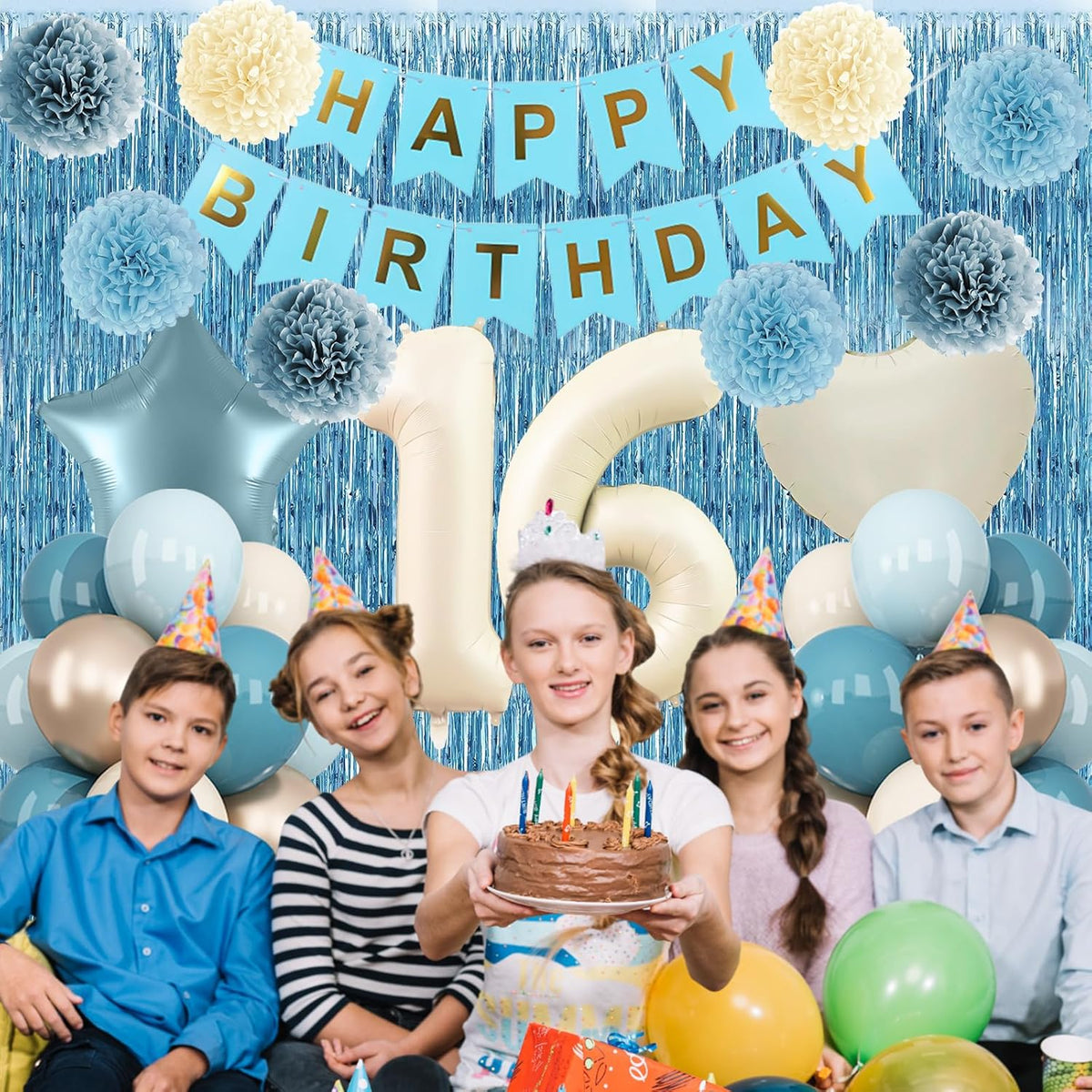 Dusty Blue 16th Birthday Party Decorations Boys Girls Beige Cream Number 16 Balloon with Blue Gold