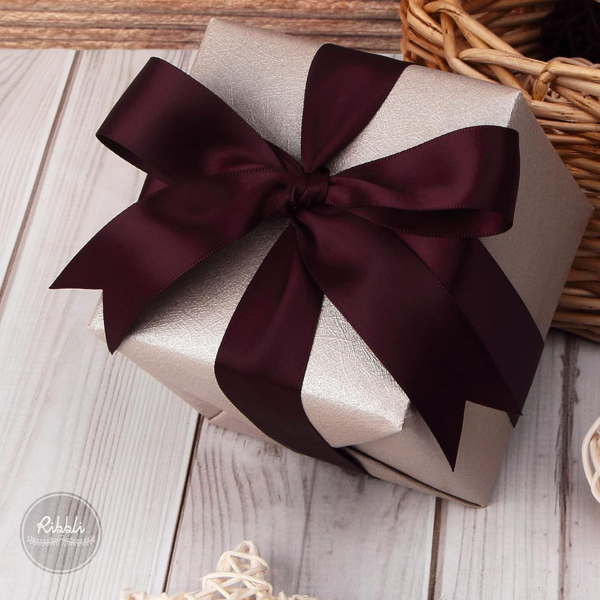 Ribbli Burgundy Double Faced Satin Ribbon,1” x 25 Yards,Use for Craft Bows Bouquet, Gift Wrapping